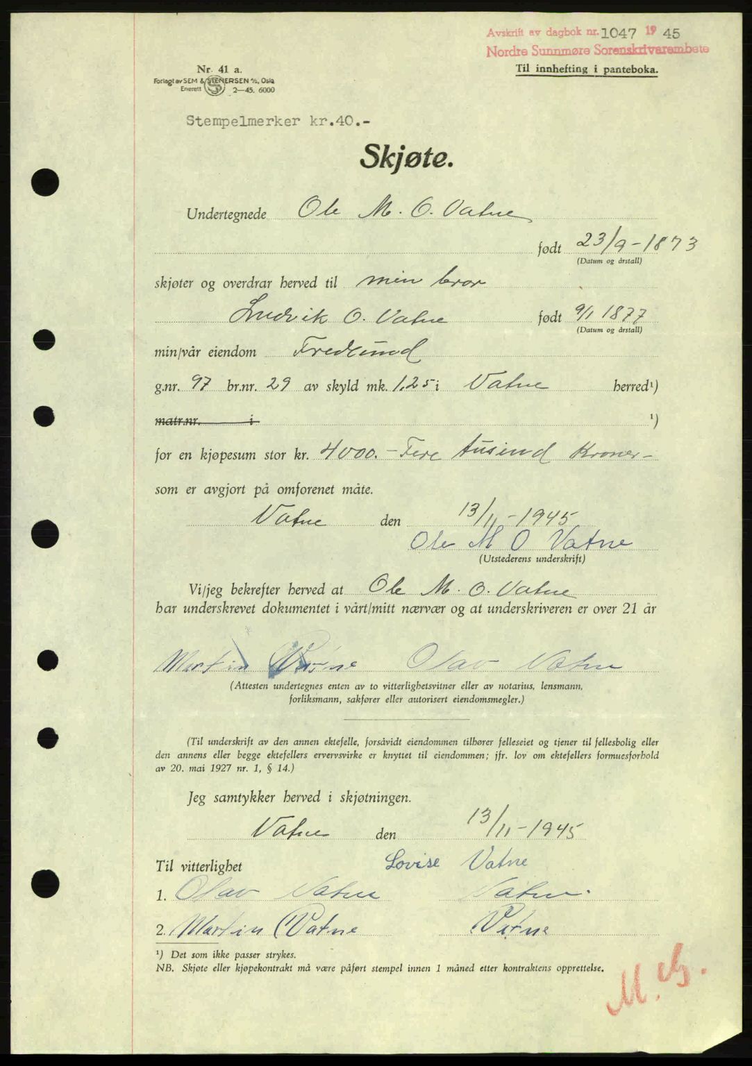 Nordre Sunnmøre sorenskriveri, SAT/A-0006/1/2/2C/2Ca: Pantebok nr. A20a, 1945-1945, Dagboknr: 1047/1945