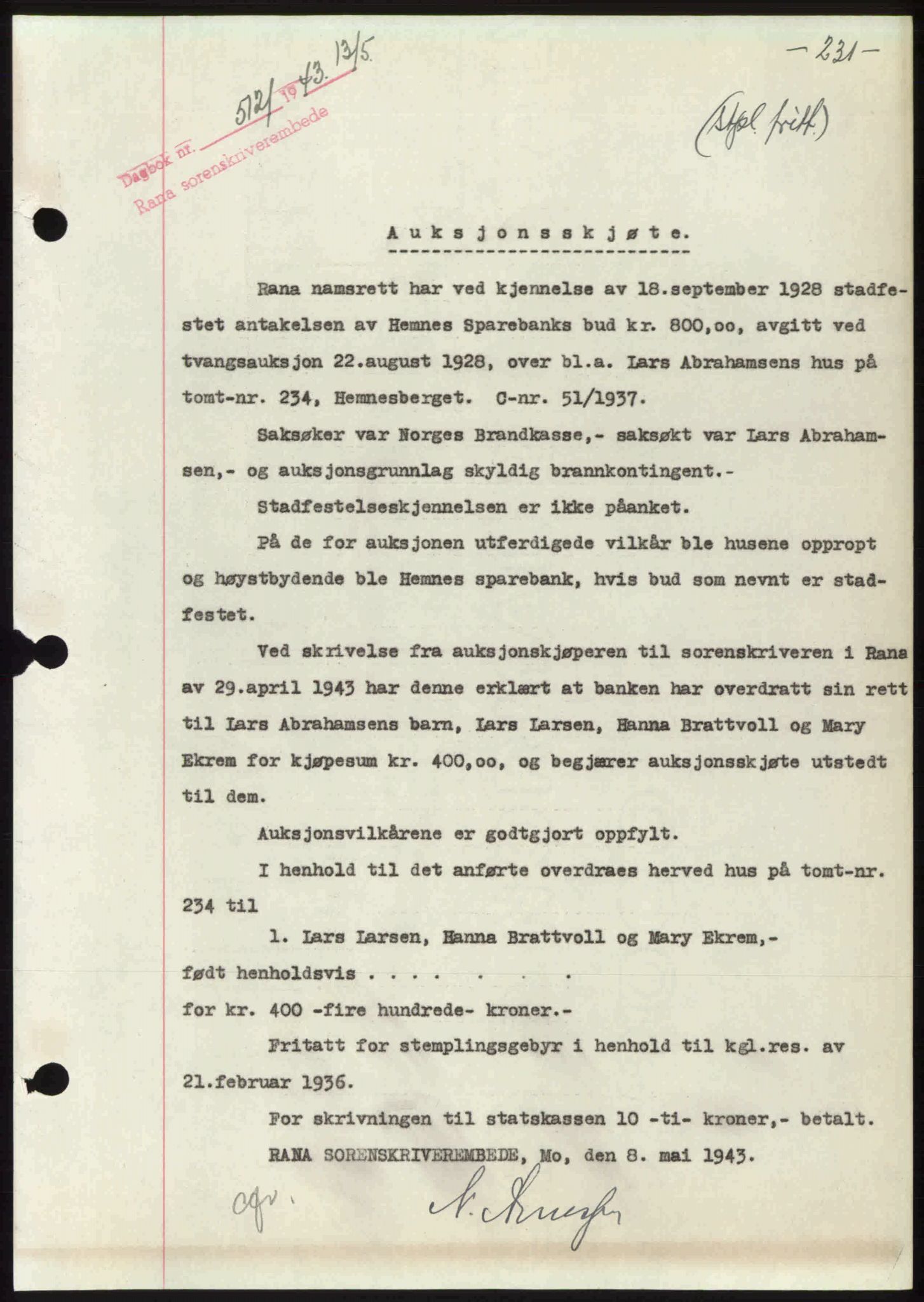 Rana sorenskriveri , SAT/A-1108/1/2/2C: Pantebok nr. A 10, 1942-1943, Dagboknr: 512/1943