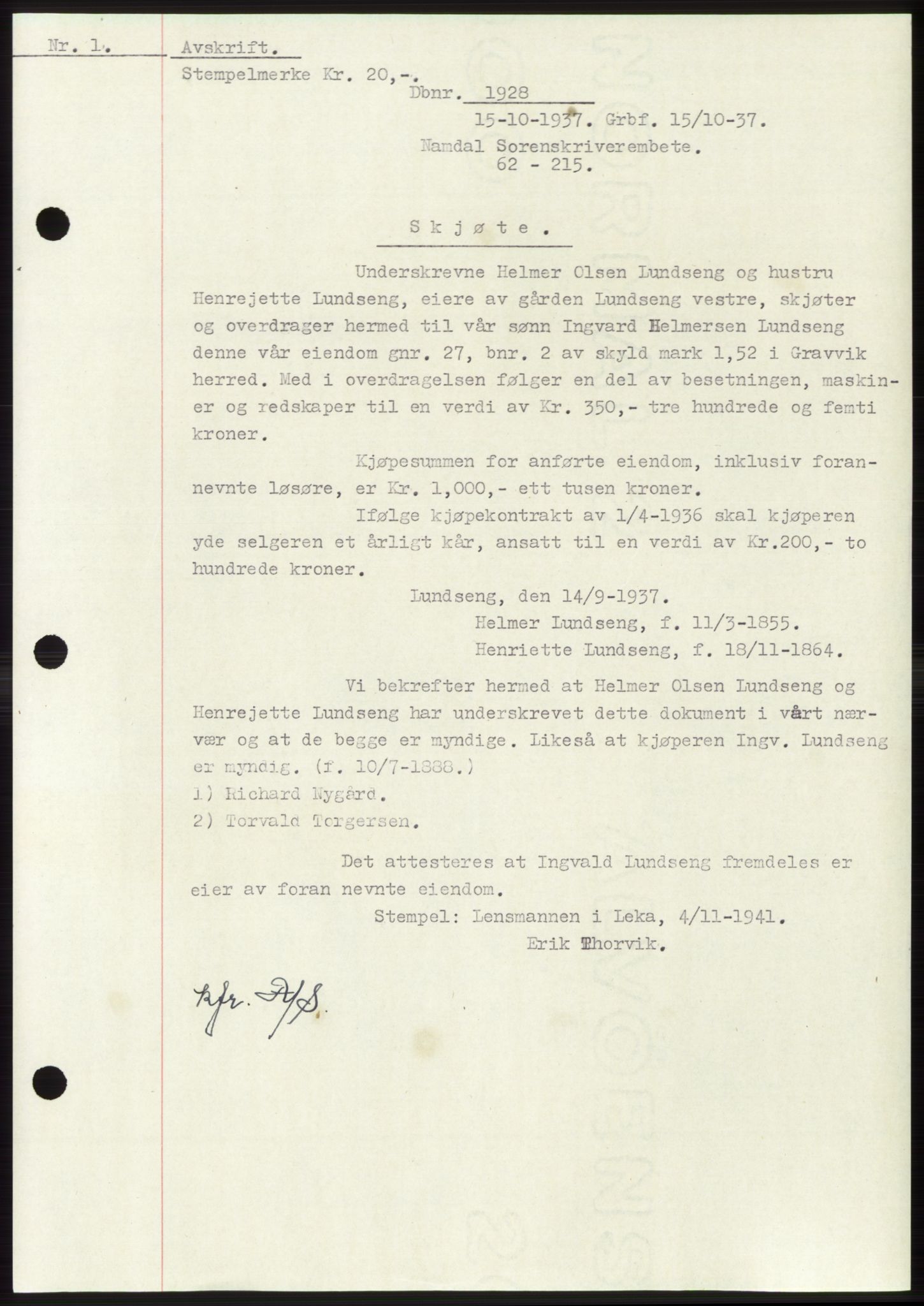 Namdal sorenskriveri, SAT/A-4133/1/2/2C: Pantebok nr. -, 1937-1939, Tingl.dato: 15.10.1937