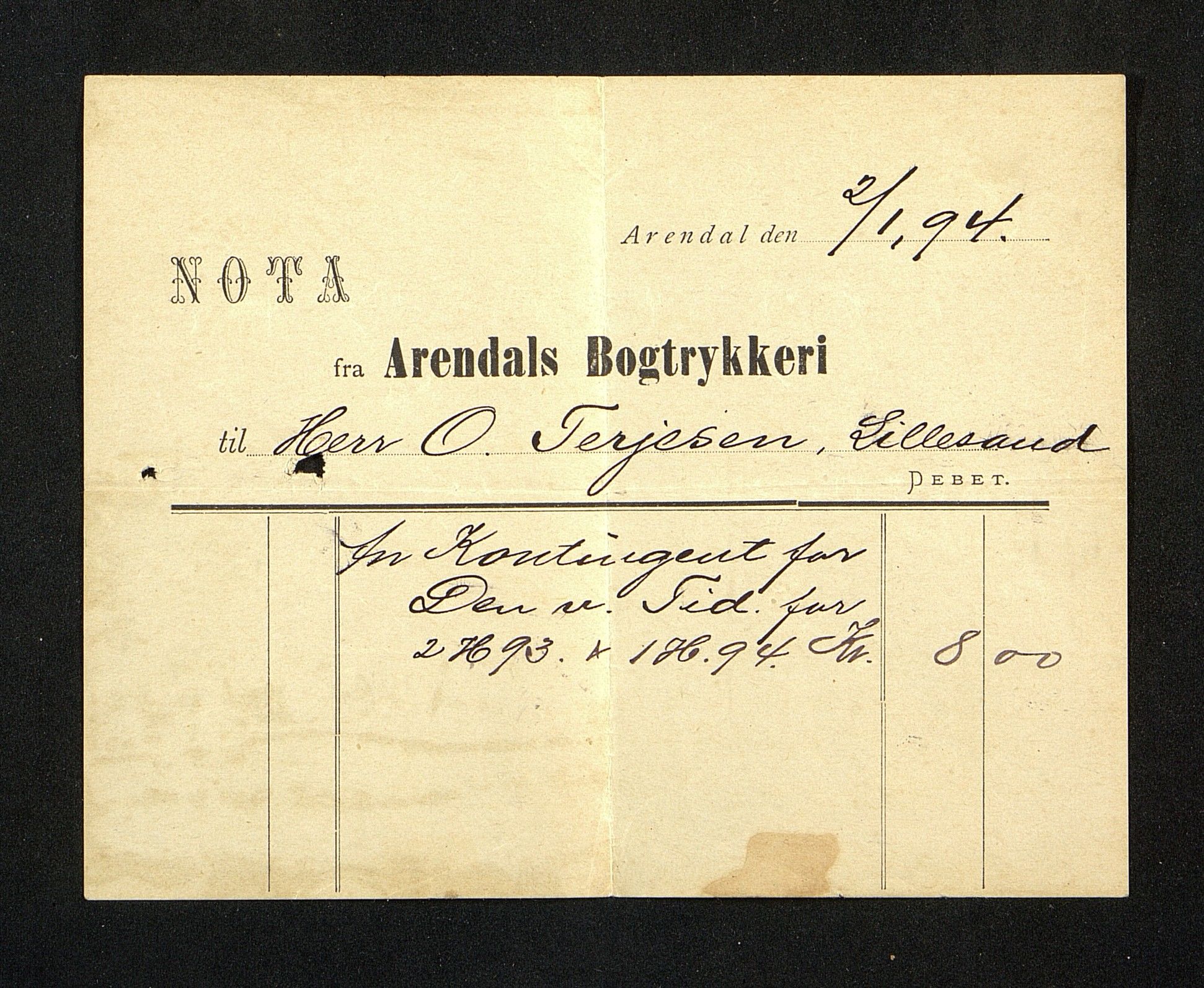 O. Terjesens rederi, AAKS/PA-2525/R/R02/L0001: Regnskapsbilag, 1884-1898