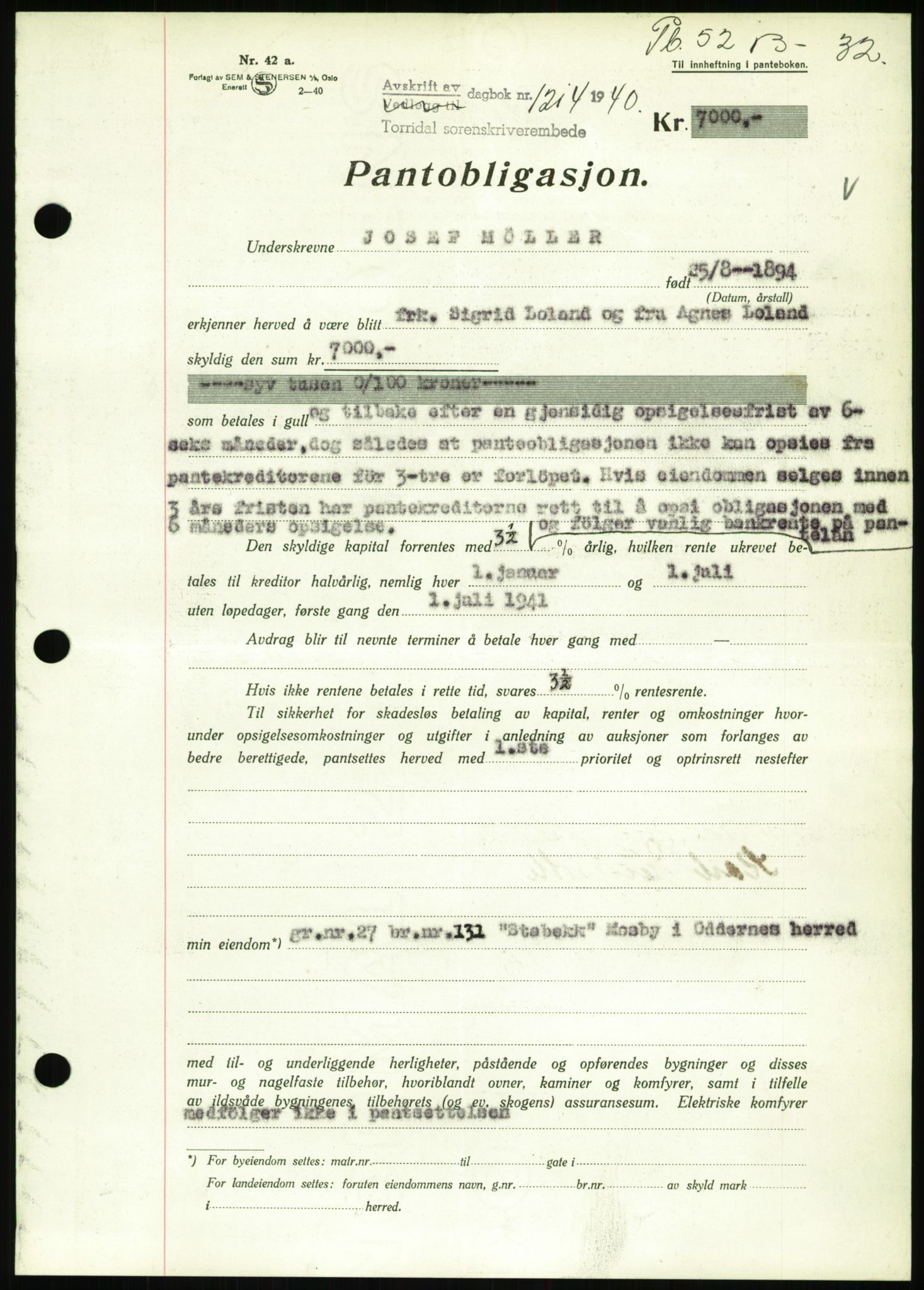 Torridal sorenskriveri, SAK/1221-0012/G/Gb/Gbb/L0008: Pantebok nr. 52b, 1940-1942, Dagboknr: 1214/1940