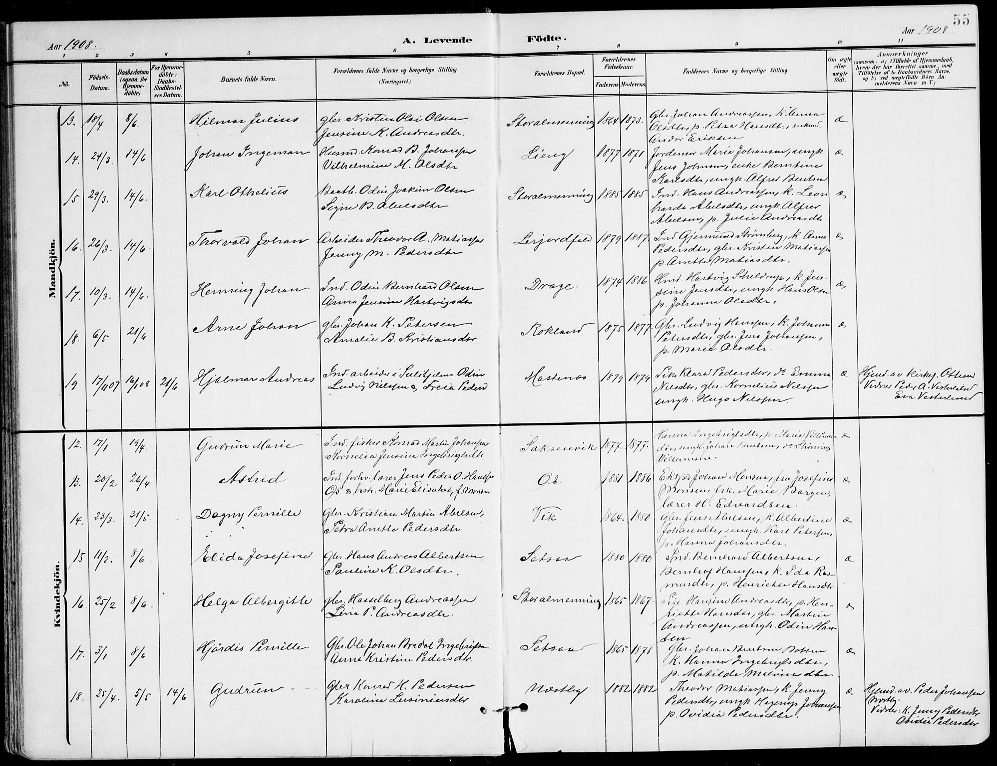 Ministerialprotokoller, klokkerbøker og fødselsregistre - Nordland, SAT/A-1459/847/L0672: Ministerialbok nr. 847A12, 1902-1919, s. 55