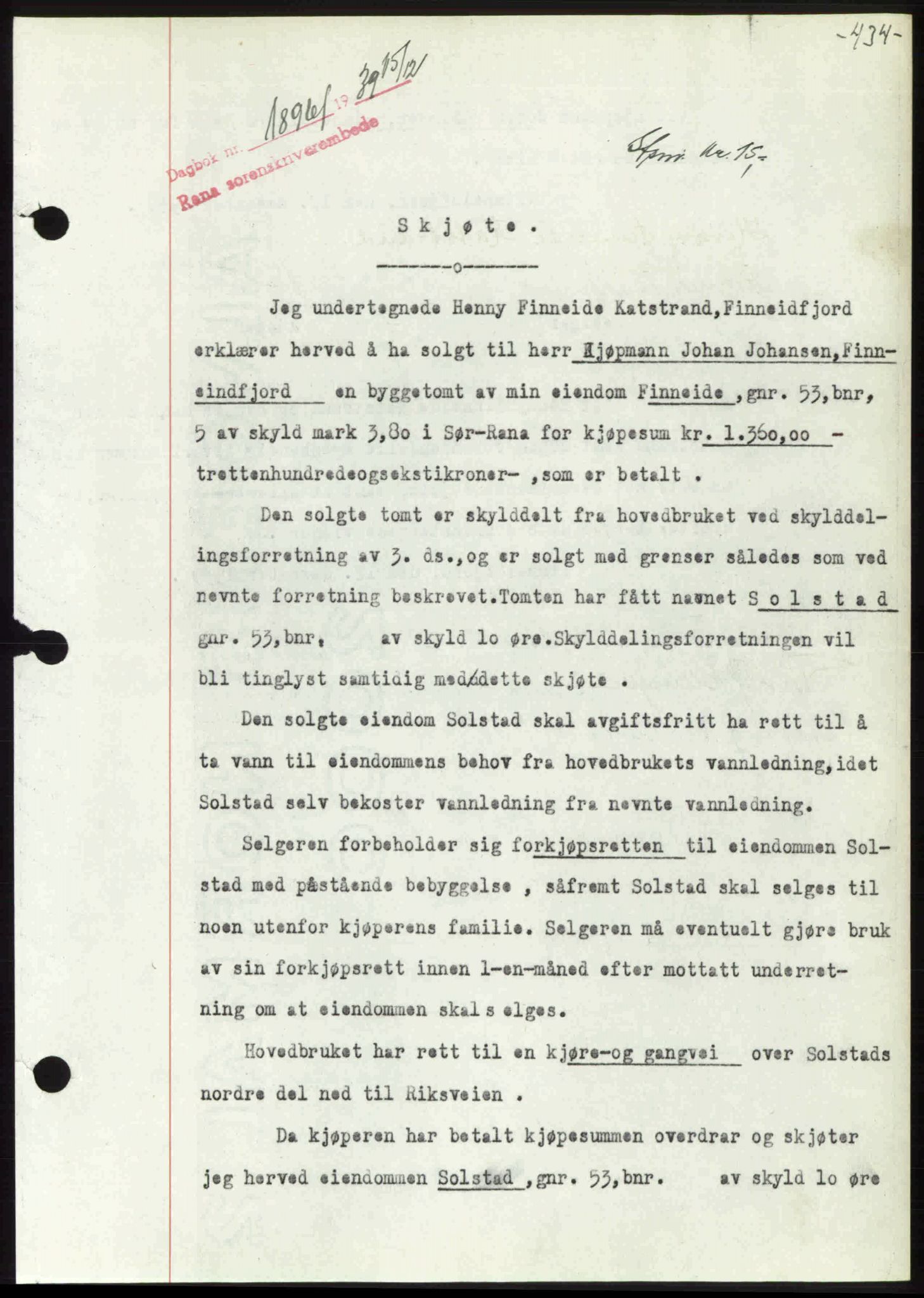 Rana sorenskriveri , SAT/A-1108/1/2/2C: Pantebok nr. A 6, 1939-1940, Dagboknr: 1896/1939