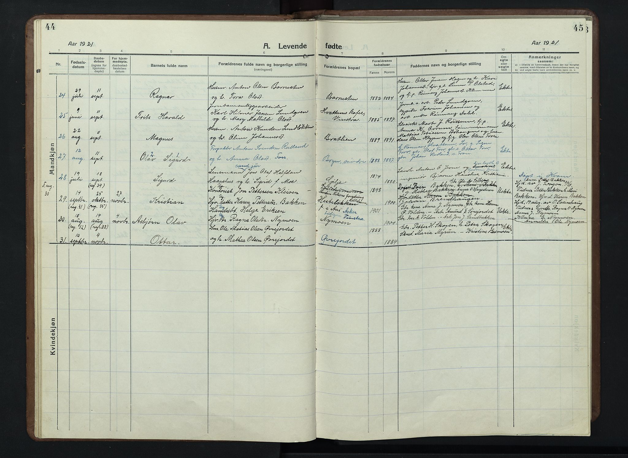 Nord-Fron prestekontor, SAH/PREST-080/H/Ha/Hab/L0007: Klokkerbok nr. 7, 1915-1946, s. 44-45