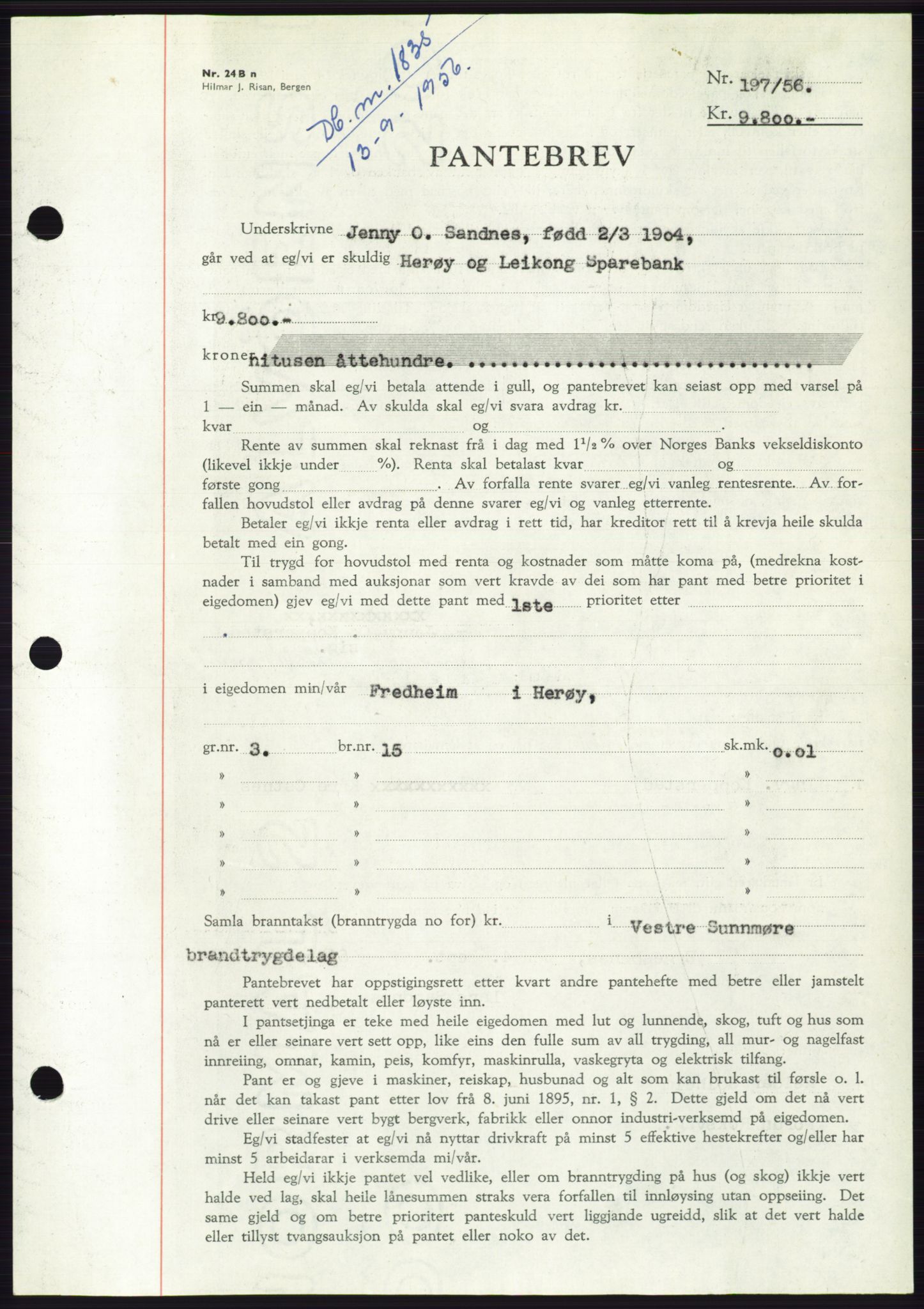 Søre Sunnmøre sorenskriveri, SAT/A-4122/1/2/2C/L0128: Pantebok nr. 16B, 1956-1956, Dagboknr: 1835/1956