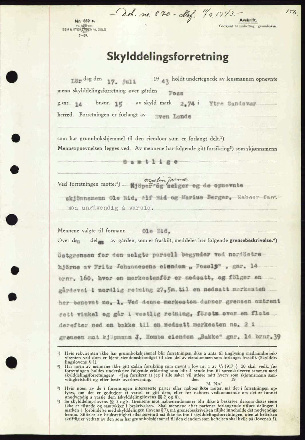 Numedal og Sandsvær sorenskriveri, SAKO/A-128/G/Ga/Gaa/L0055: Pantebok nr. A7, 1943-1944, Dagboknr: 870/1943
