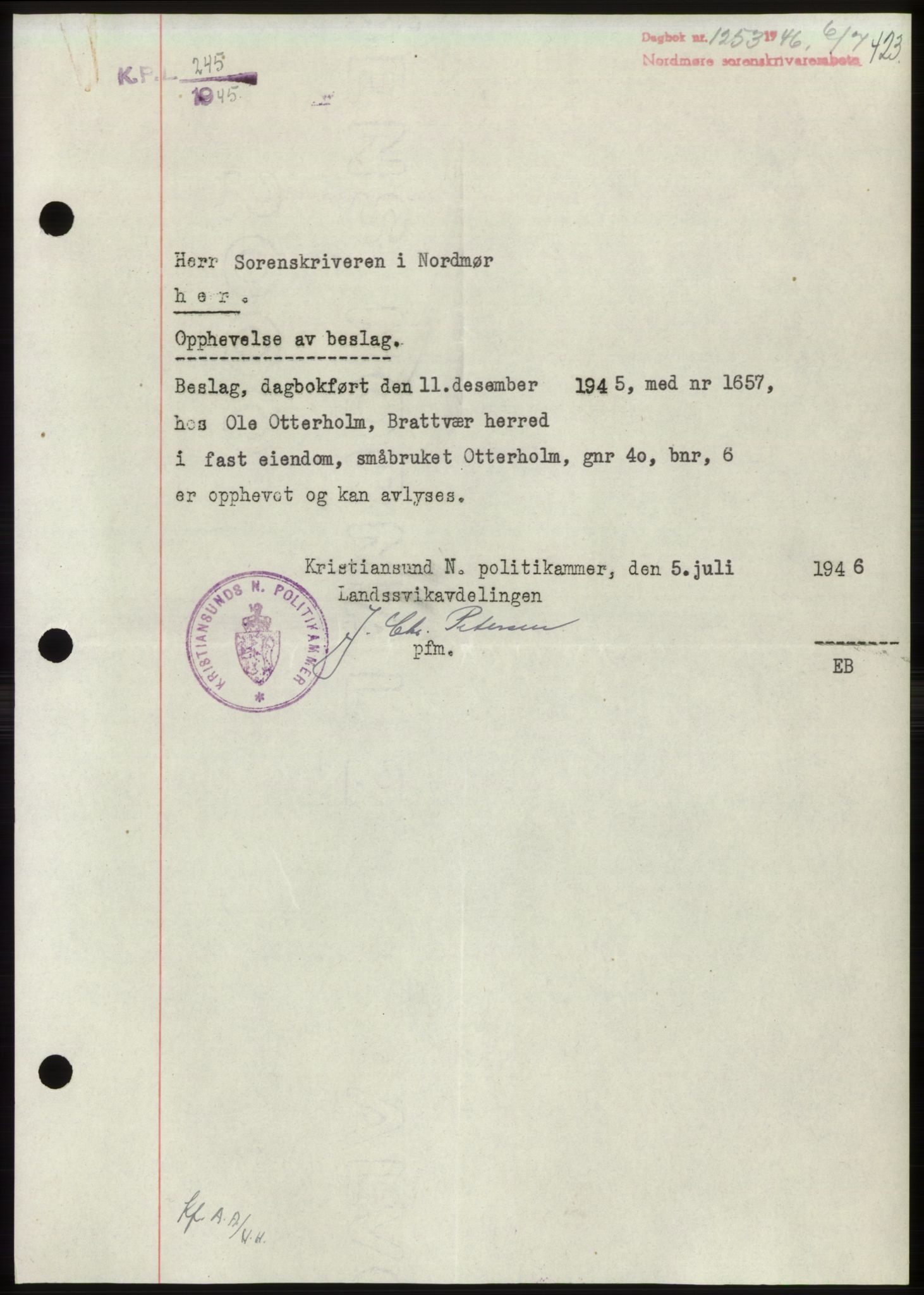 Nordmøre sorenskriveri, SAT/A-4132/1/2/2Ca: Pantebok nr. B94, 1946-1946, Dagboknr: 1253/1946