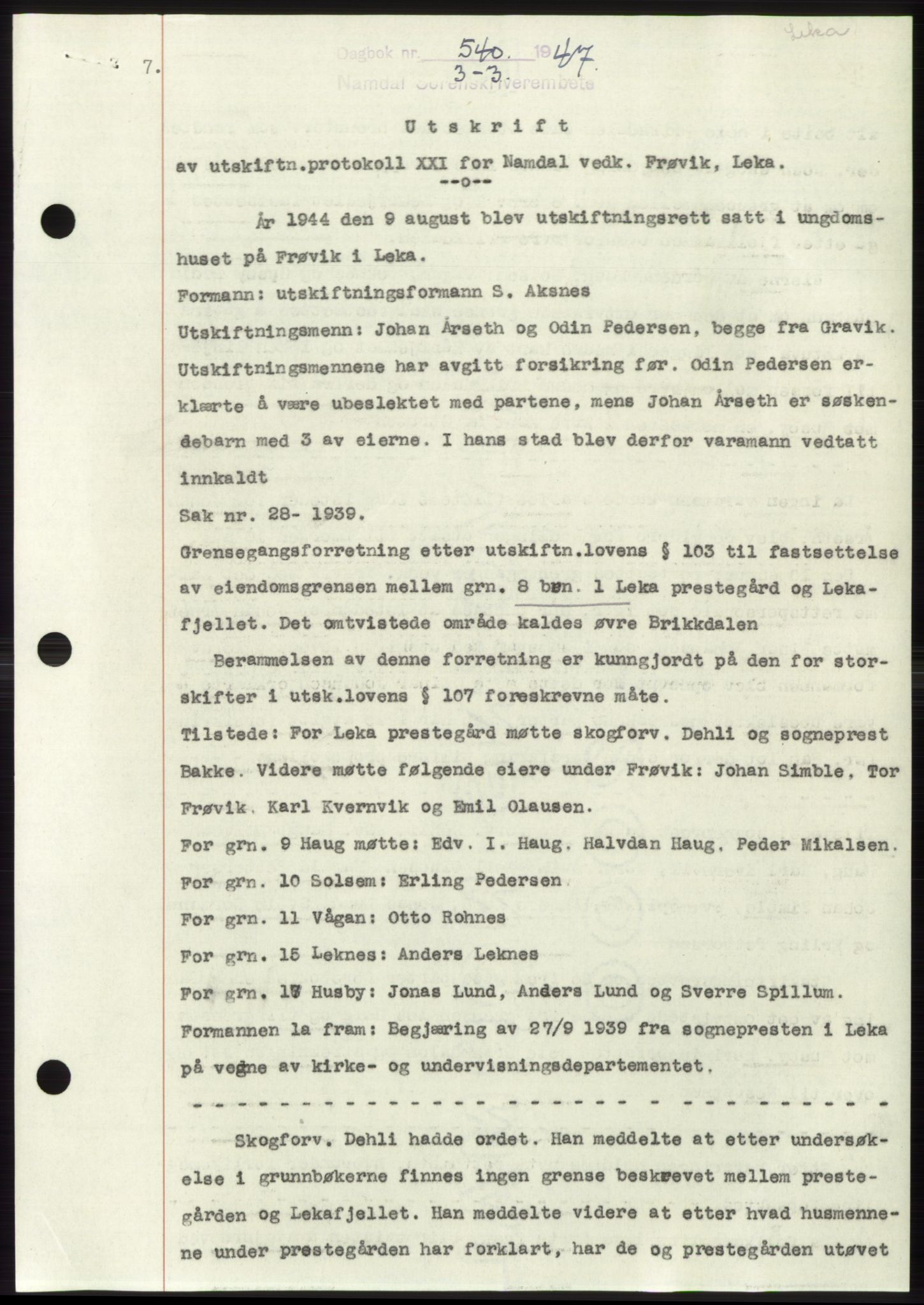 Namdal sorenskriveri, SAT/A-4133/1/2/2C: Pantebok nr. -, 1946-1947, Dagboknr: 540/1947