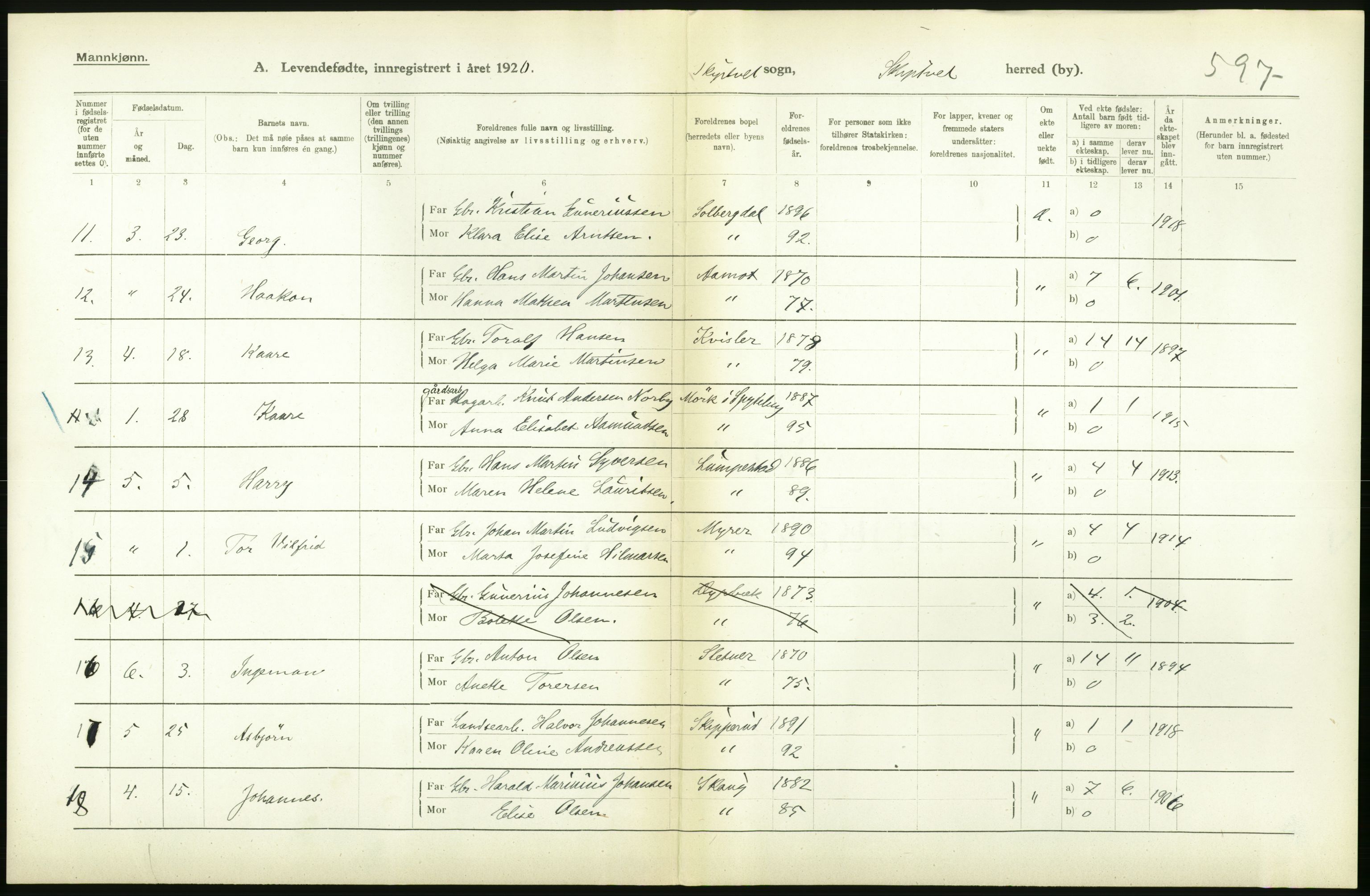 Statistisk sentralbyrå, Sosiodemografiske emner, Befolkning, RA/S-2228/D/Df/Dfb/Dfbj/L0001: Østfold fylke: Levendefødte menn og kvinner. Bygder., 1920, s. 328