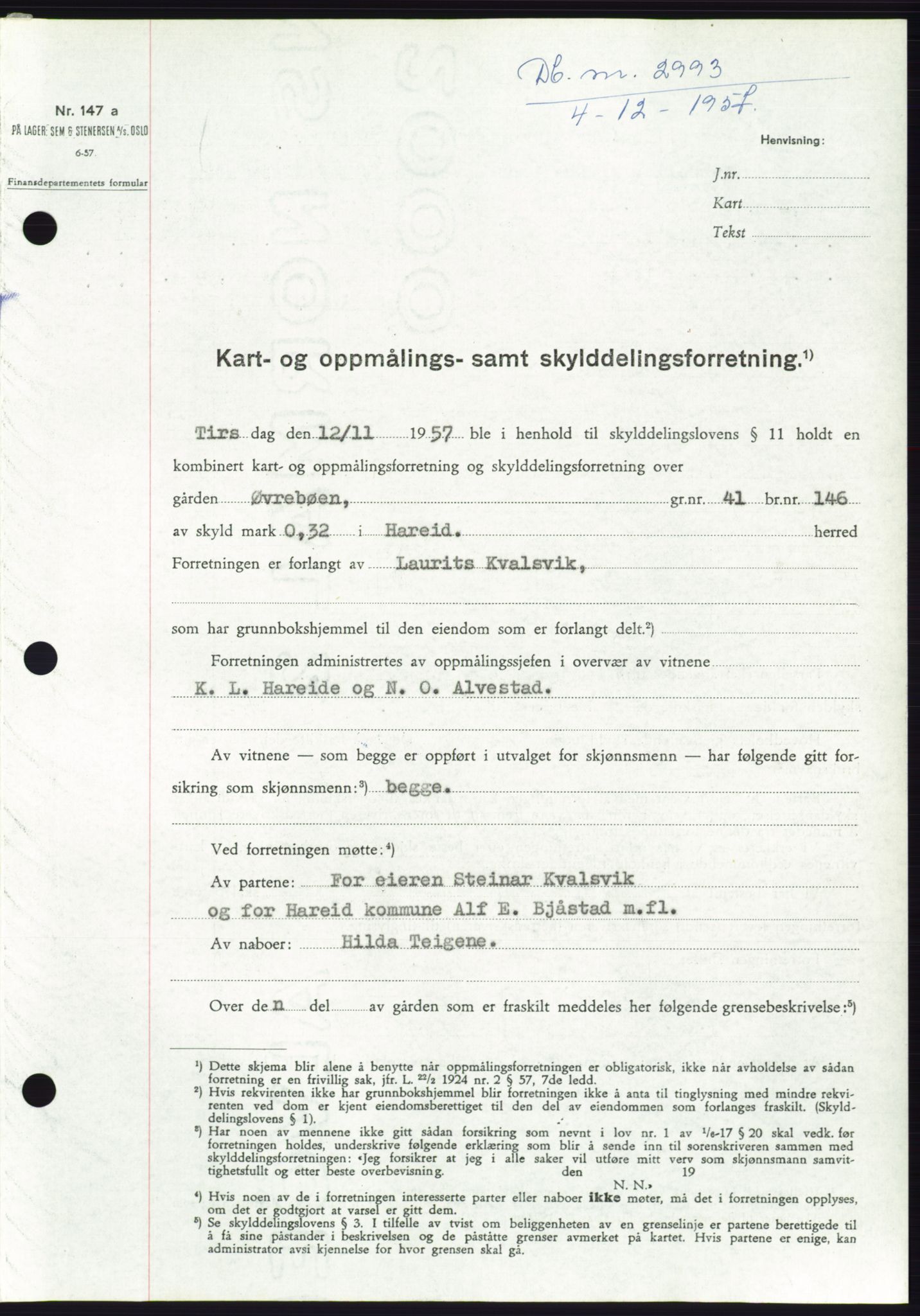 Søre Sunnmøre sorenskriveri, SAT/A-4122/1/2/2C/L0108: Pantebok nr. 34A, 1957-1958, Dagboknr: 2993/1957