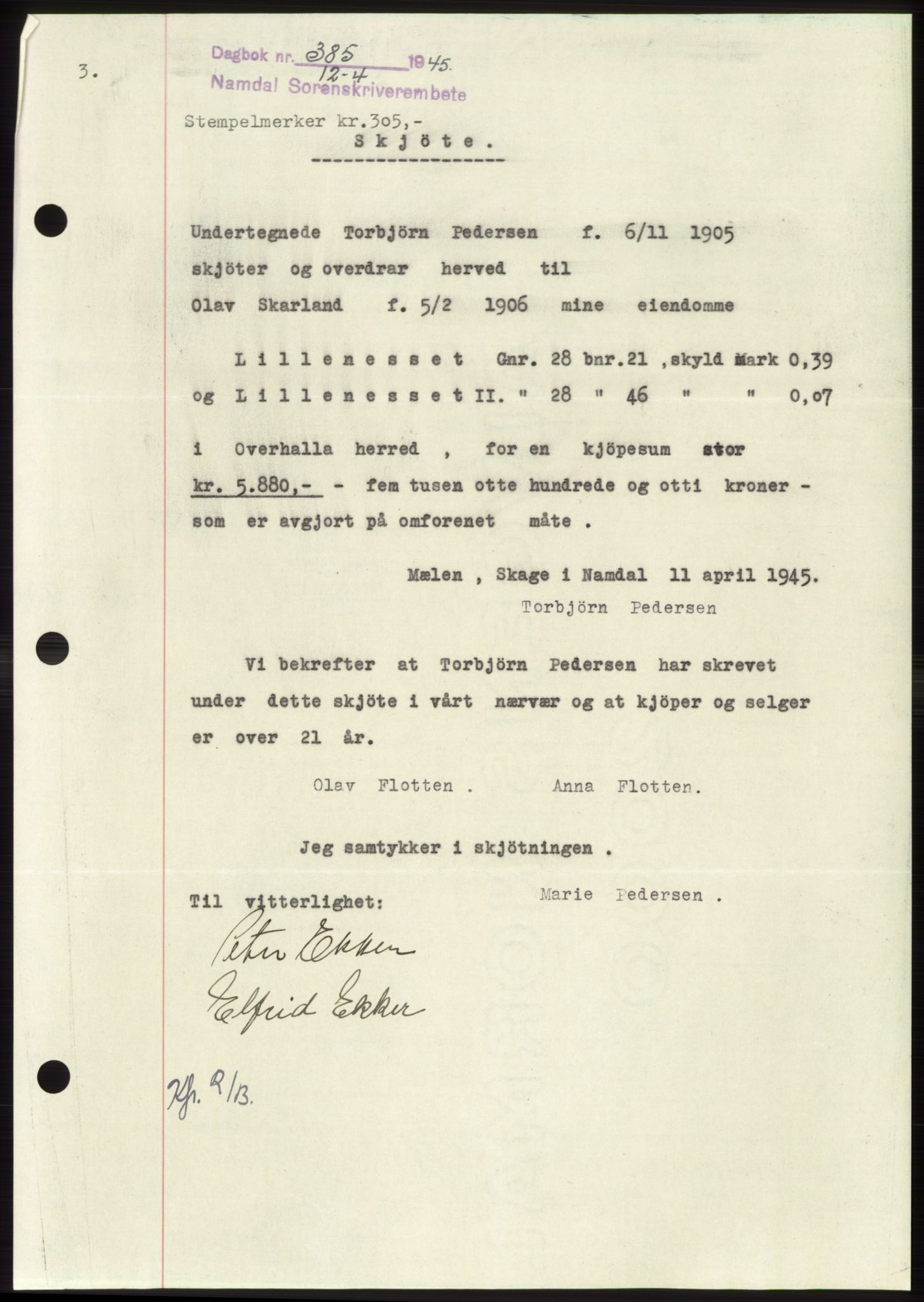 Namdal sorenskriveri, SAT/A-4133/1/2/2C: Pantebok nr. -, 1944-1945, Dagboknr: 385/1945