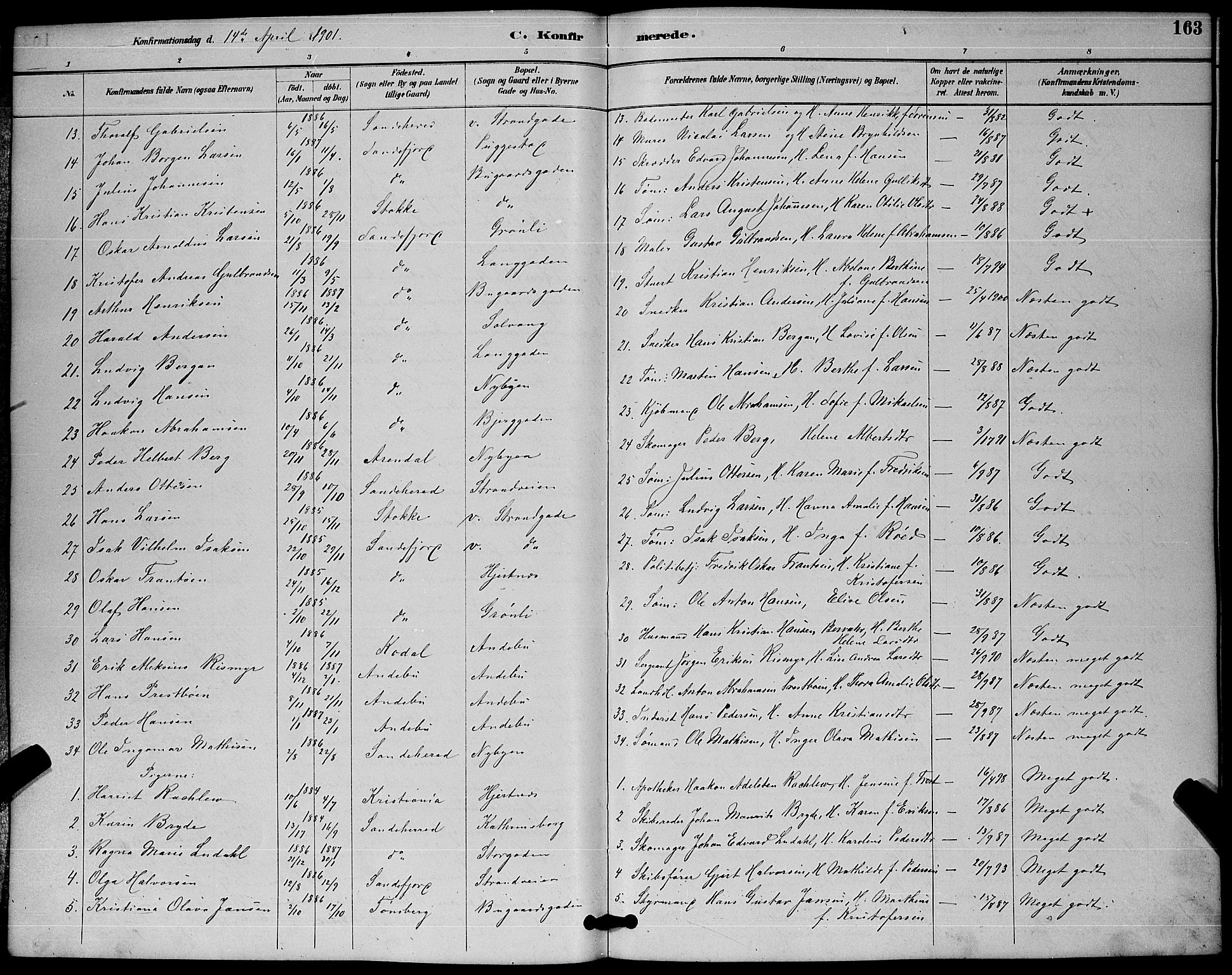 Sandefjord kirkebøker, AV/SAKO-A-315/G/Ga/L0001: Klokkerbok nr. 1, 1885-1903, s. 163