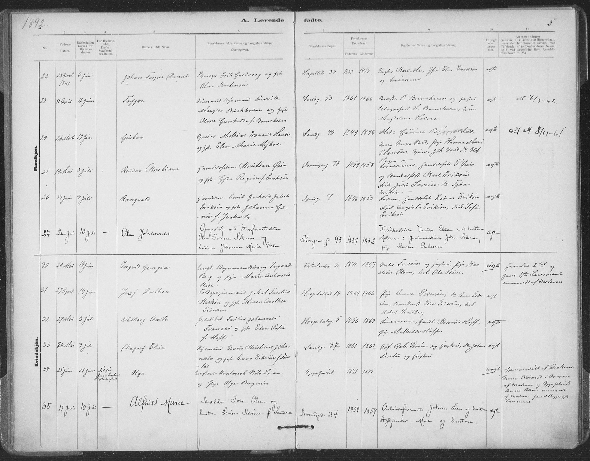 Ministerialprotokoller, klokkerbøker og fødselsregistre - Sør-Trøndelag, AV/SAT-A-1456/602/L0122: Ministerialbok nr. 602A20, 1892-1908, s. 5