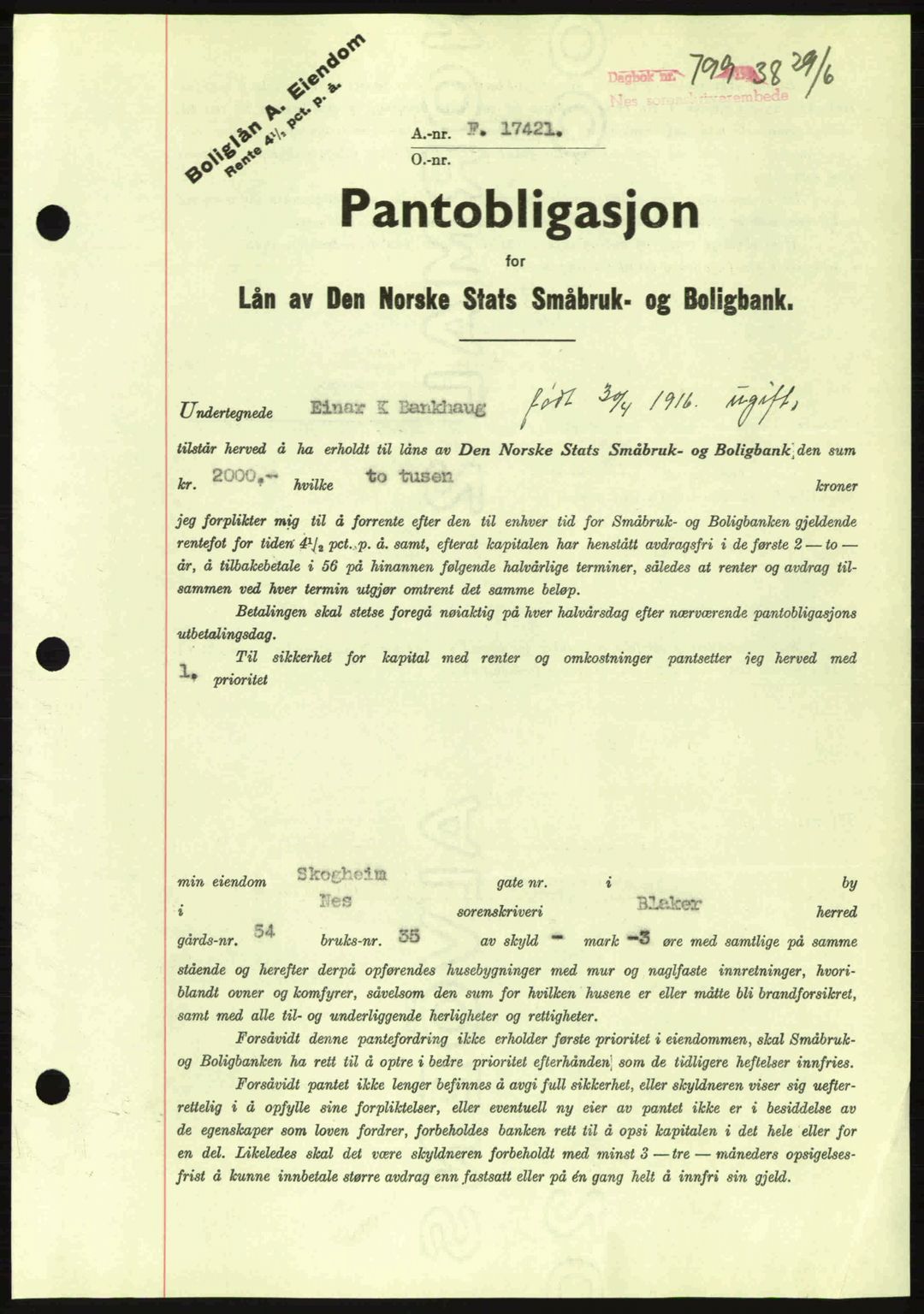 Nes tingrett, AV/SAO-A-10548/G/Gb/Gbb/L0006: Pantebok nr. 50, 1938-1938, Dagboknr: 799/1938