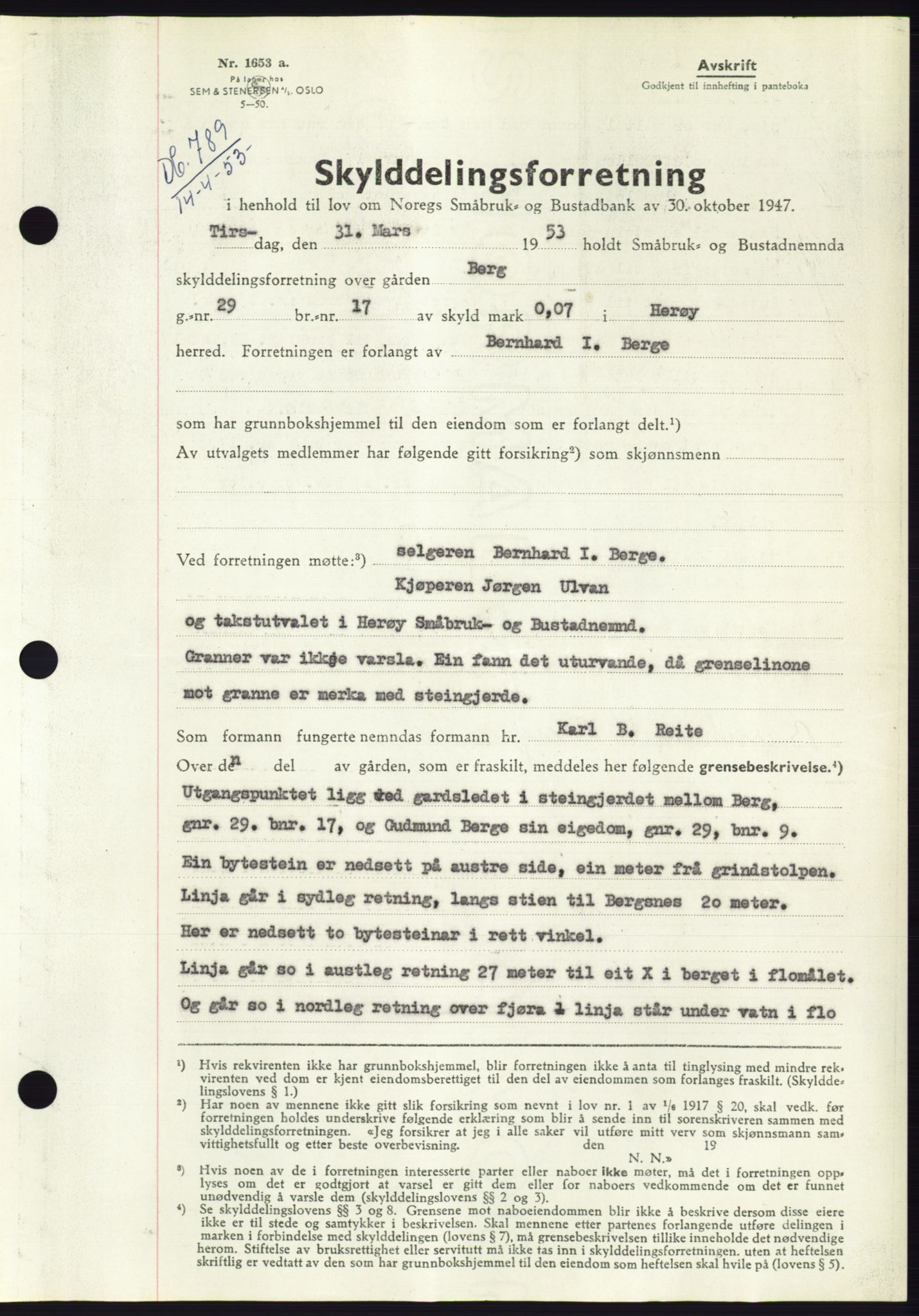 Søre Sunnmøre sorenskriveri, AV/SAT-A-4122/1/2/2C/L0094: Pantebok nr. 20A, 1953-1953, Dagboknr: 789/1953