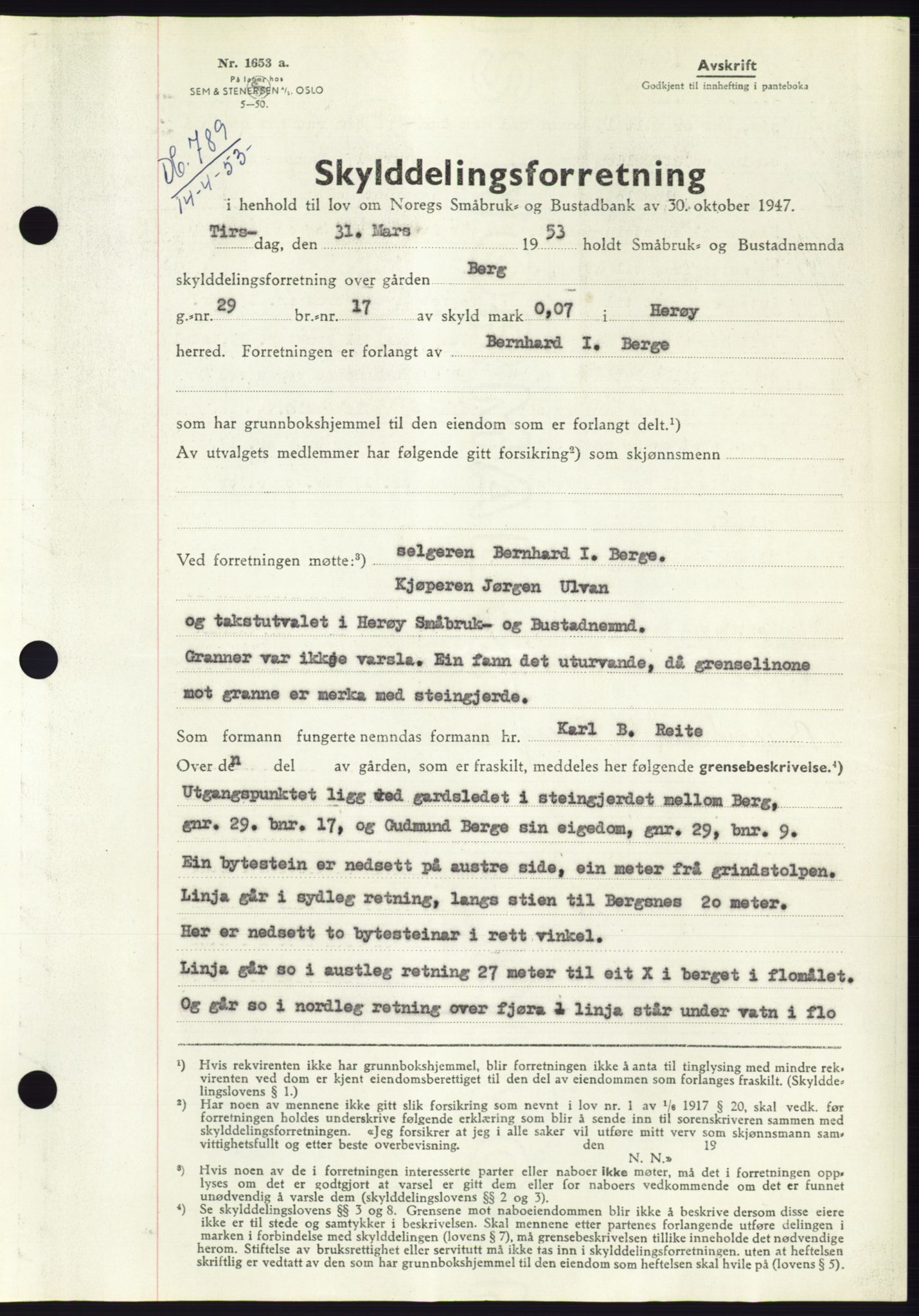 Søre Sunnmøre sorenskriveri, SAT/A-4122/1/2/2C/L0094: Pantebok nr. 20A, 1953-1953, Dagboknr: 789/1953