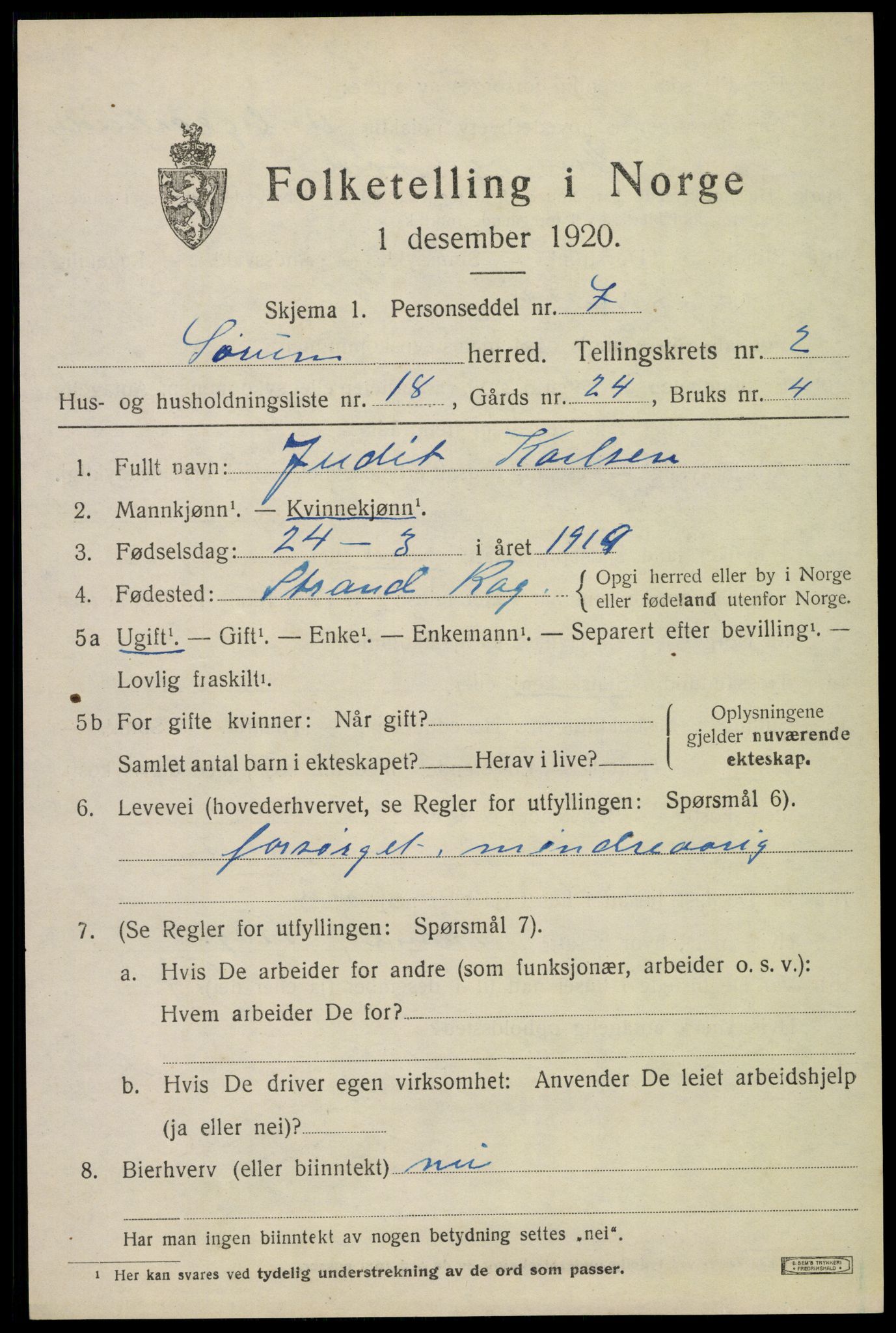 SAO, Folketelling 1920 for 0226 Sørum herred, 1920, s. 1905