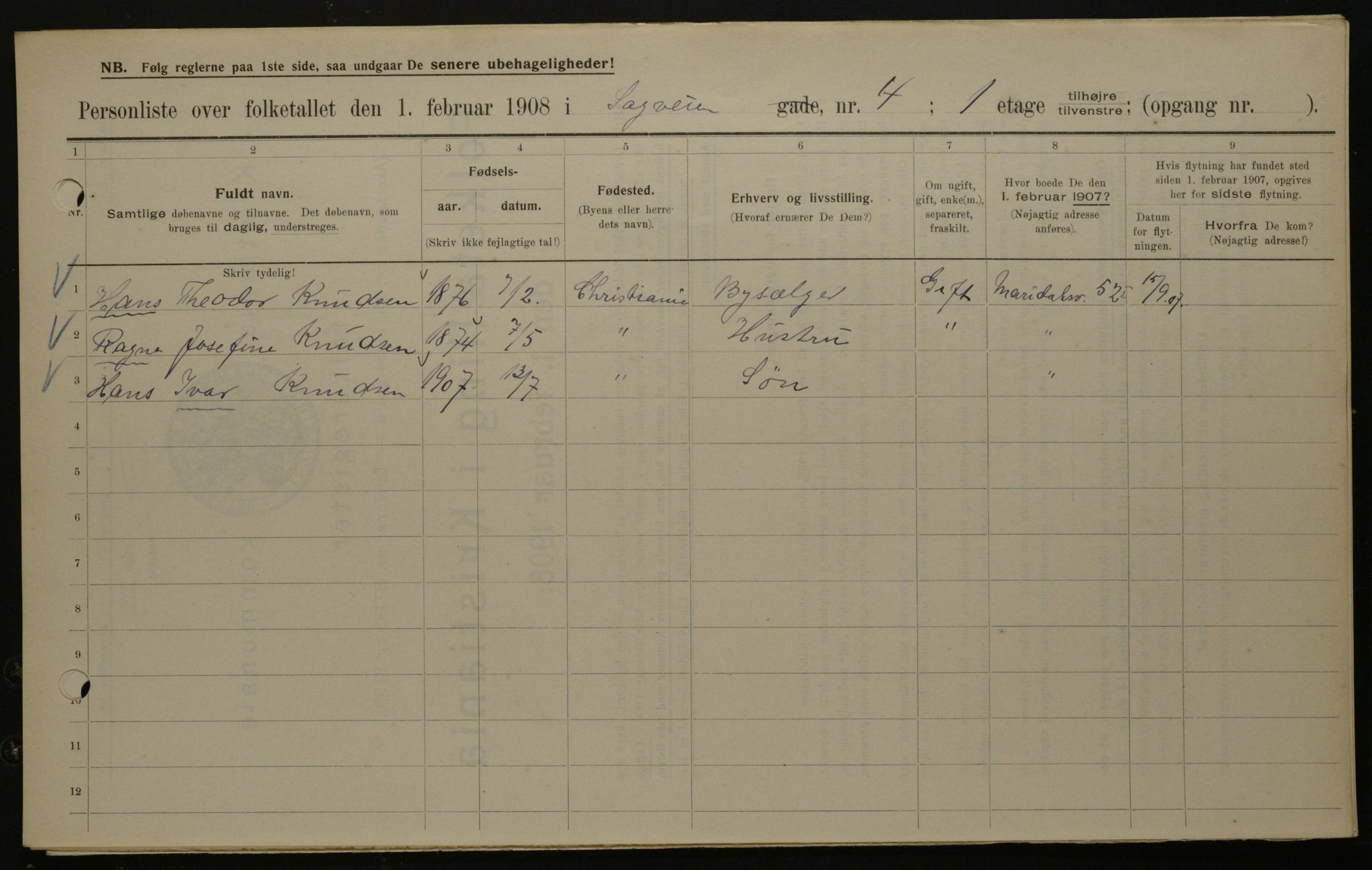 OBA, Kommunal folketelling 1.2.1908 for Kristiania kjøpstad, 1908, s. 77901