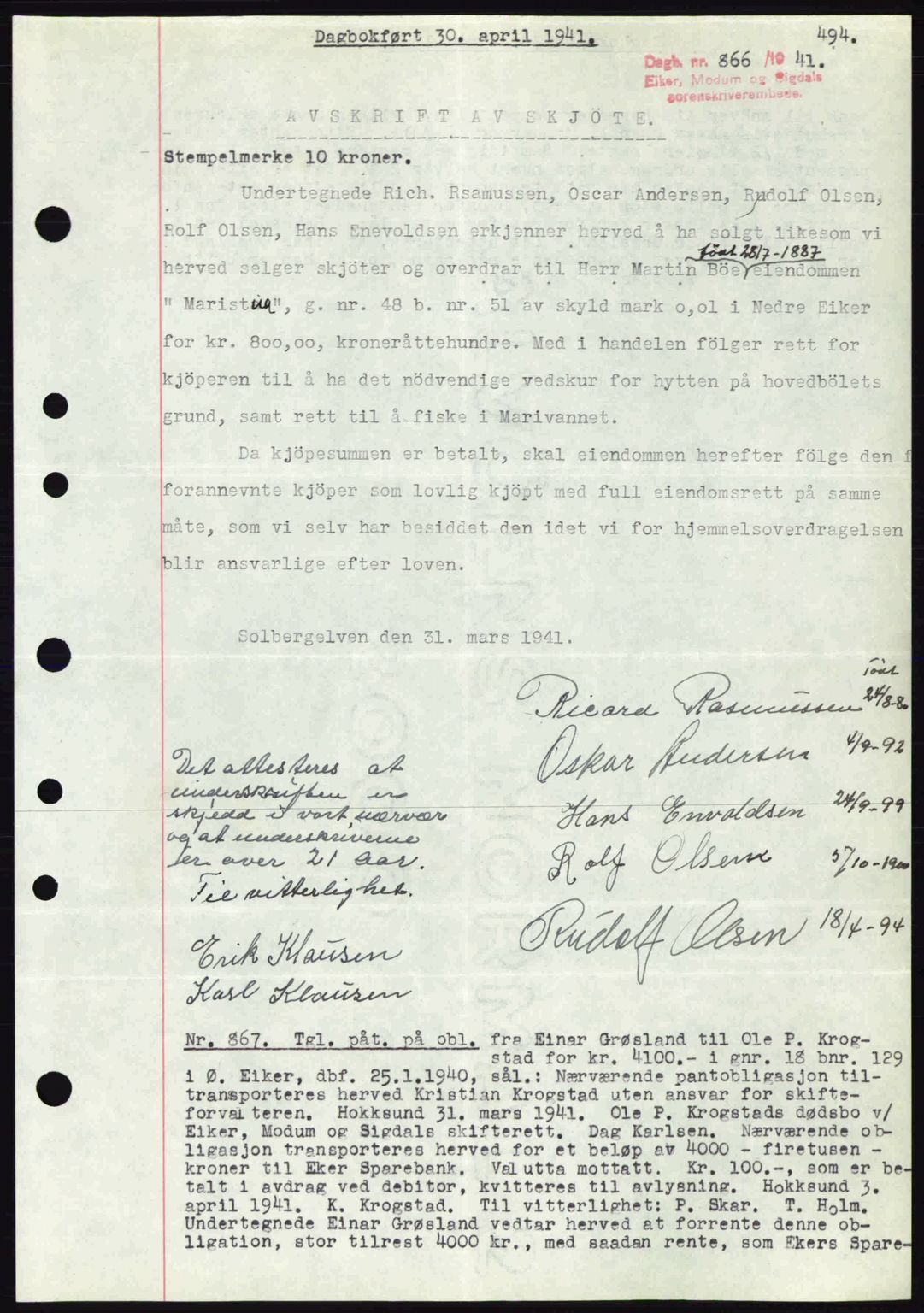 Eiker, Modum og Sigdal sorenskriveri, SAKO/A-123/G/Ga/Gab/L0043: Pantebok nr. A13, 1940-1941, Dagboknr: 866/1941