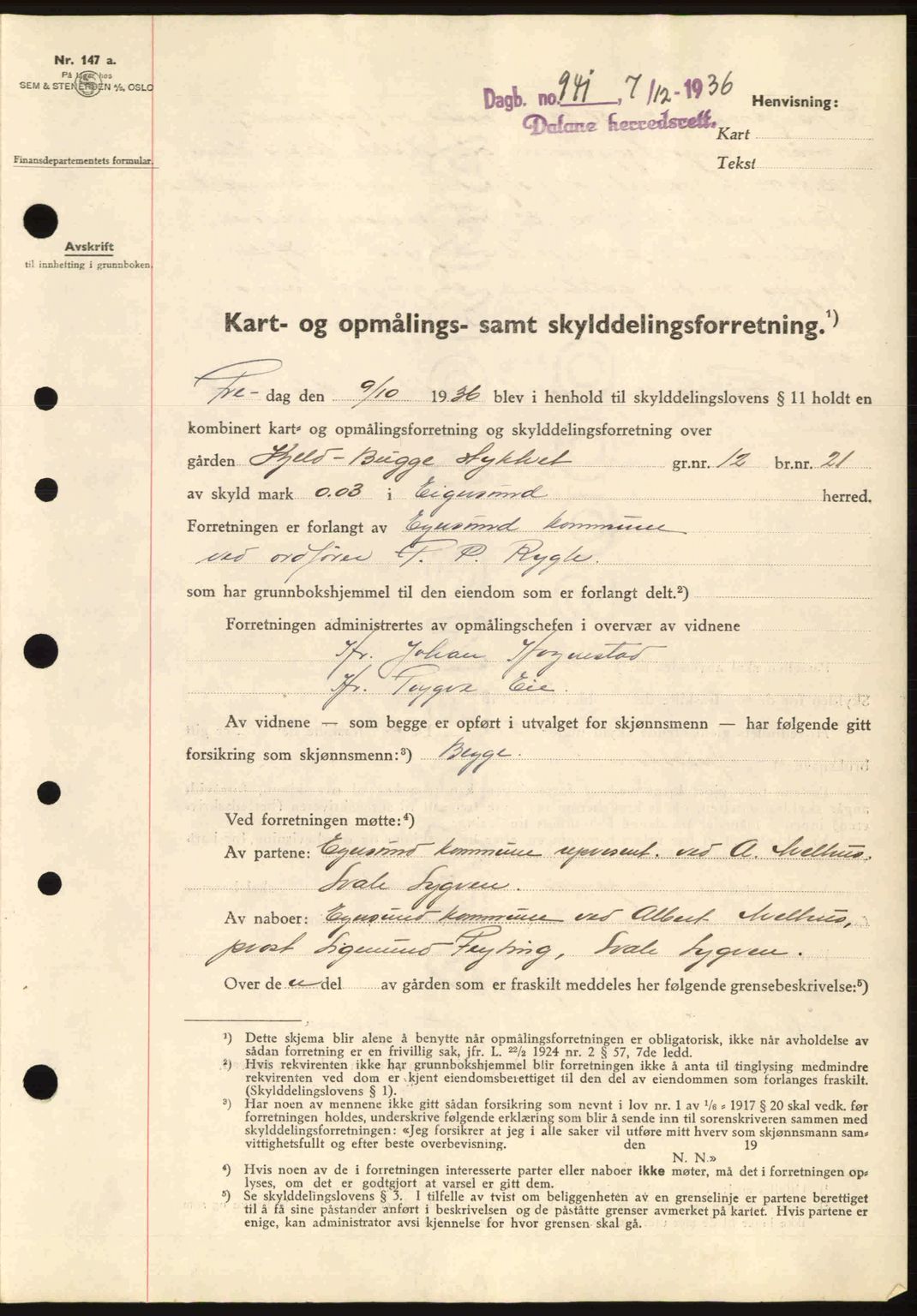 Dalane sorenskriveri, SAST/A-100309/02/G/Gb/L0041: Pantebok nr. A2, 1936-1937, Dagboknr: 941/1936