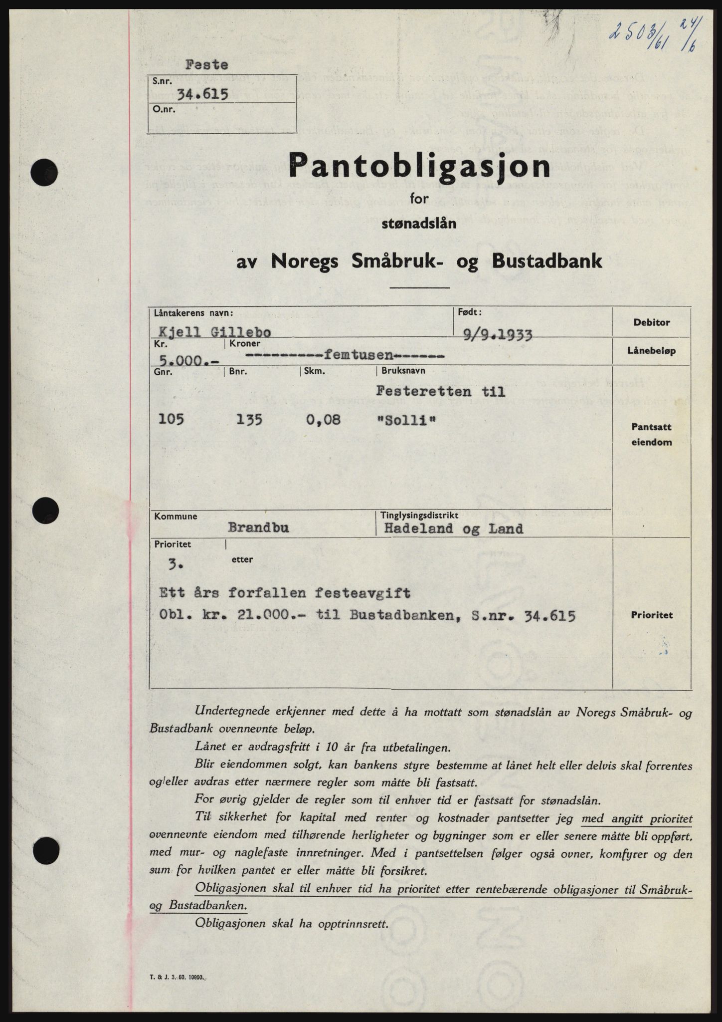 Hadeland og Land tingrett, SAH/TING-010/H/Hb/Hbc/L0046: Pantebok nr. B46, 1961-1961, Dagboknr: 2503/1961