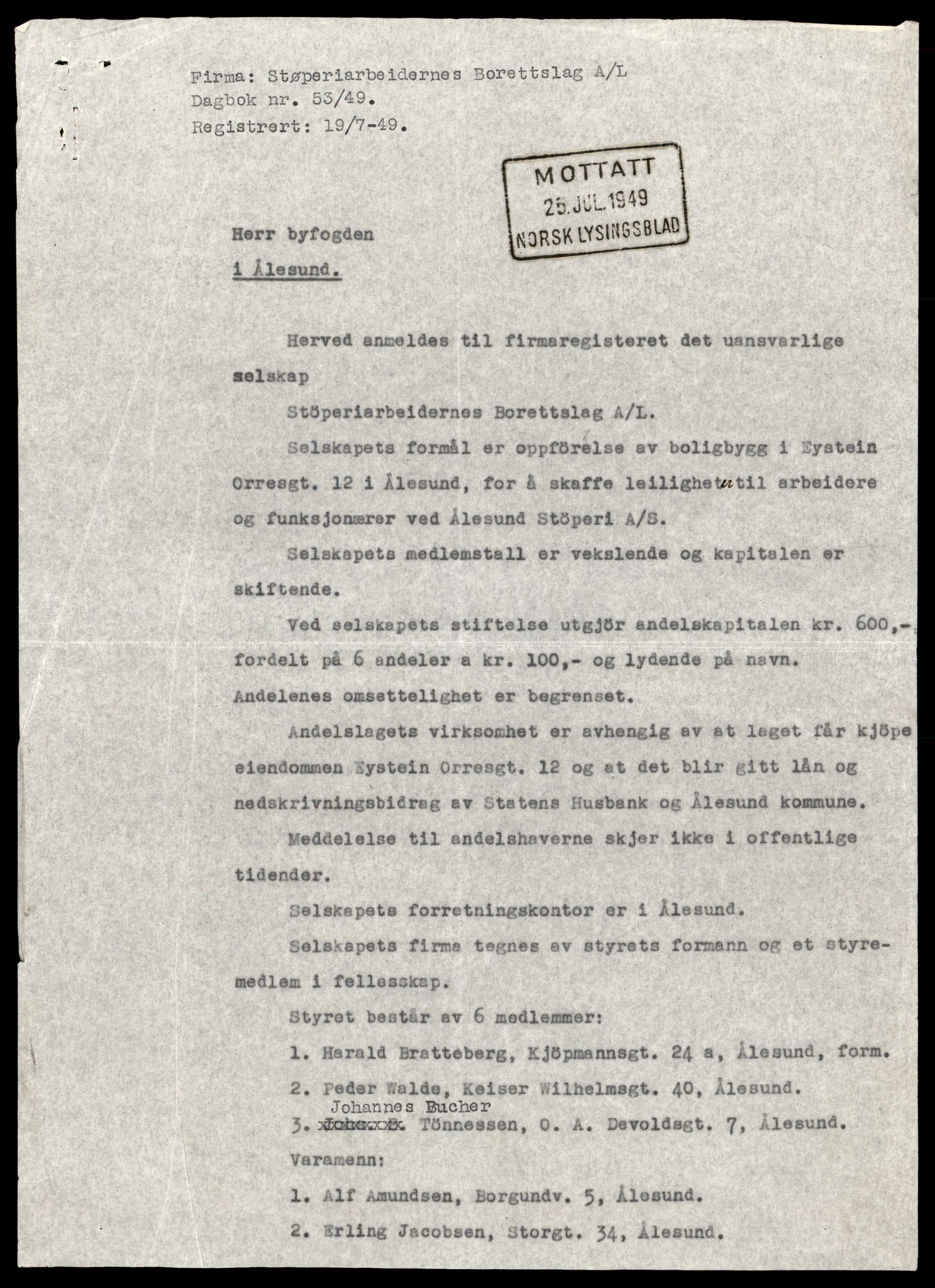Ålesund sorenskriveri, AV/SAT-A-4383/2/J/Jd/Jde/L0027: Bilag. Aksjeselskap og andelslag Borettslag Stø - Bow, 1938-1989, s. 3