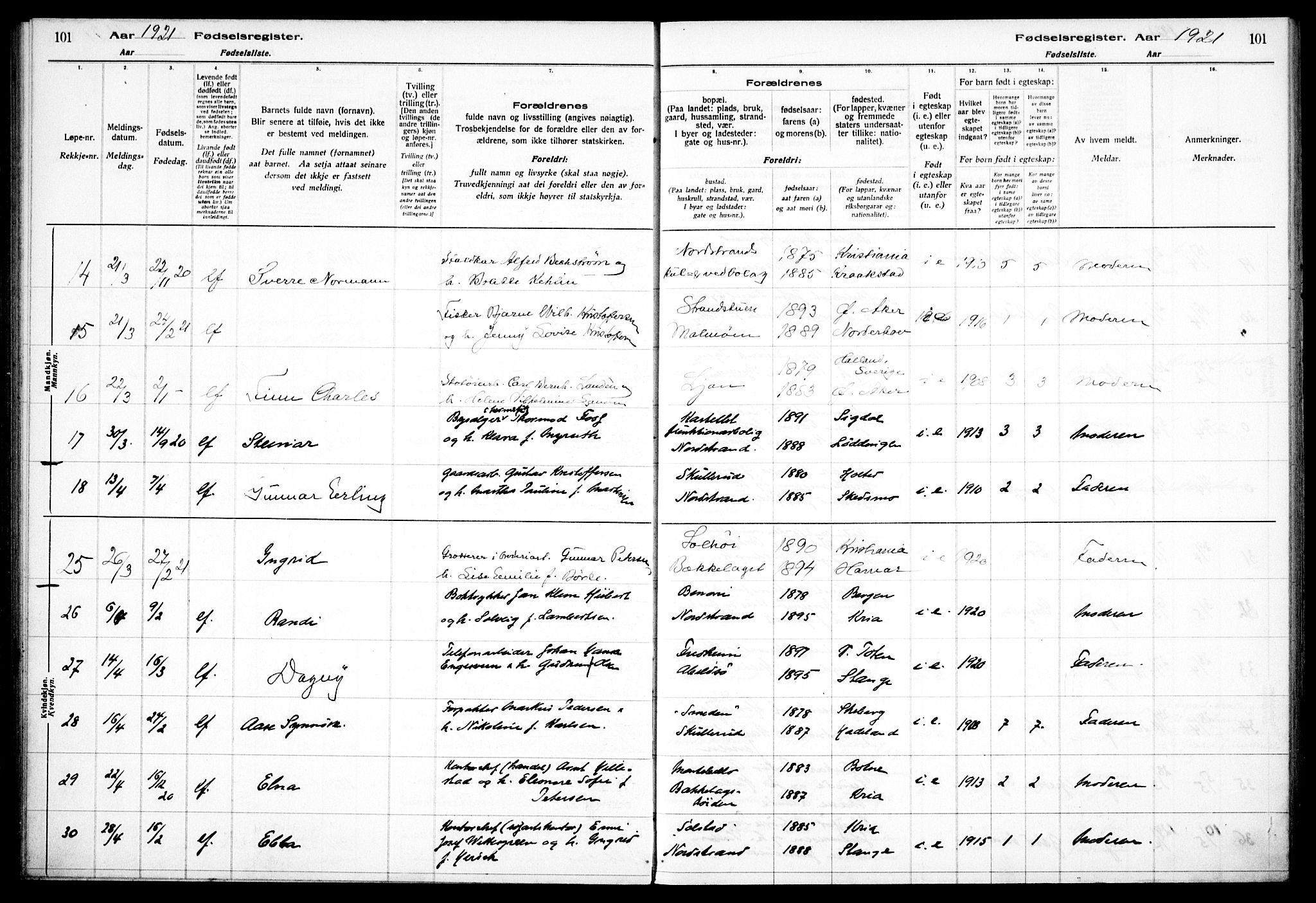 Nordstrand prestekontor Kirkebøker, AV/SAO-A-10362a/J/Ja/L0001: Fødselsregister nr. I 1, 1916-1924, s. 101