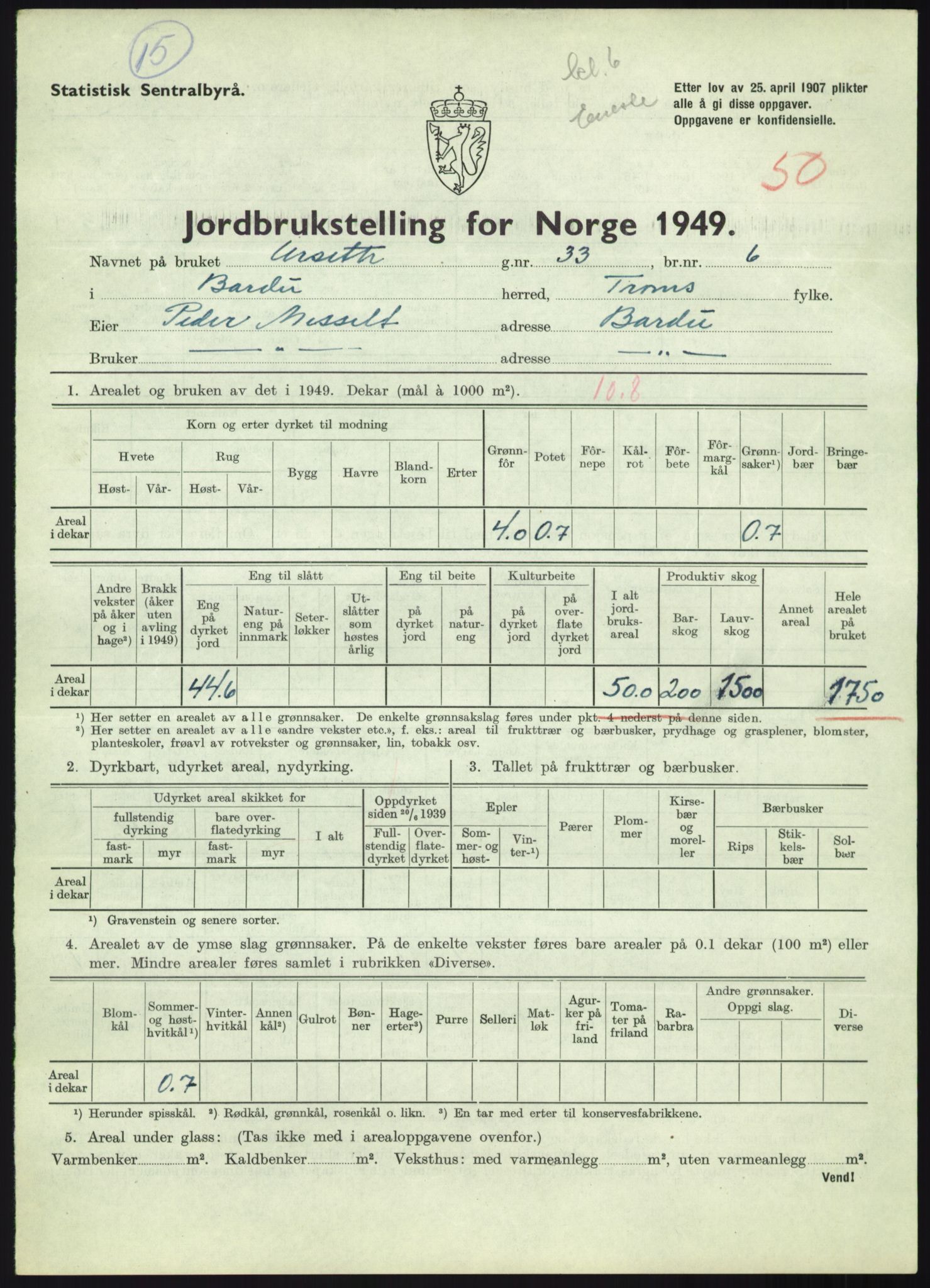 Statistisk sentralbyrå, Næringsøkonomiske emner, Jordbruk, skogbruk, jakt, fiske og fangst, AV/RA-S-2234/G/Gc/L0438: Troms: Salangen og Bardu, 1949, s. 1165