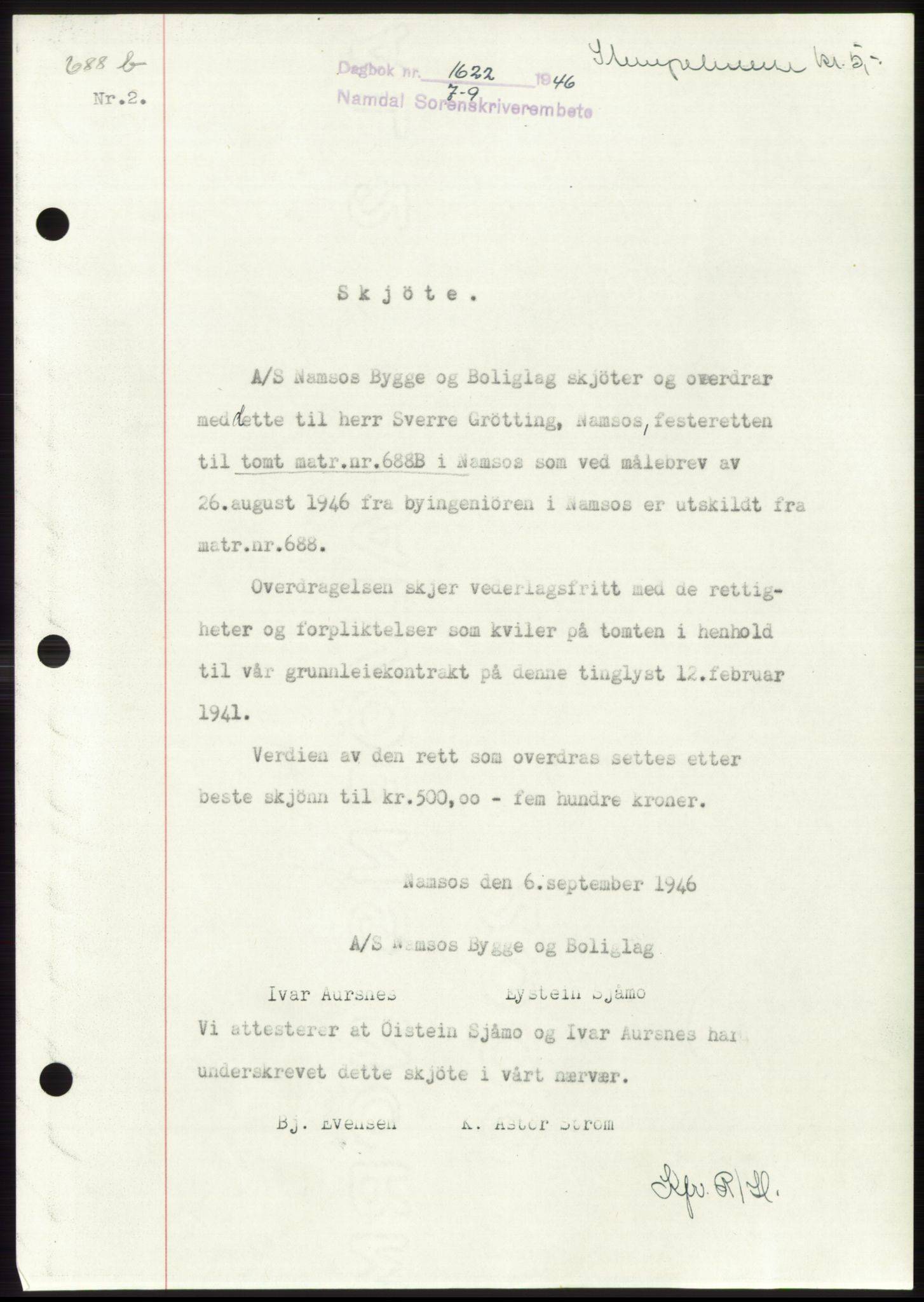Namdal sorenskriveri, SAT/A-4133/1/2/2C: Pantebok nr. -, 1946-1947, Dagboknr: 1622/1946