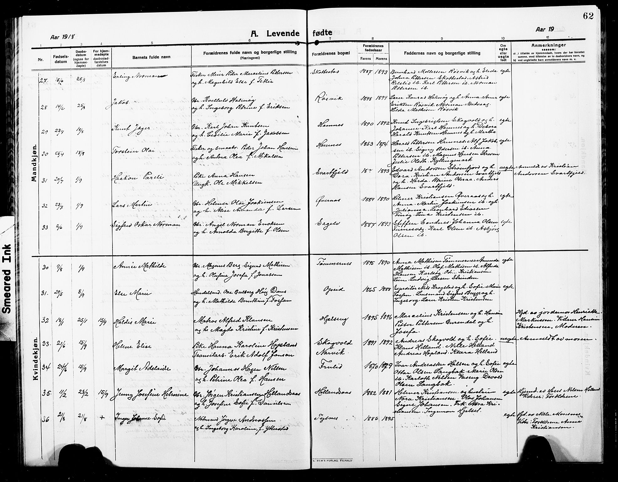 Ministerialprotokoller, klokkerbøker og fødselsregistre - Nordland, AV/SAT-A-1459/859/L0861: Klokkerbok nr. 859C07, 1910-1925, s. 62