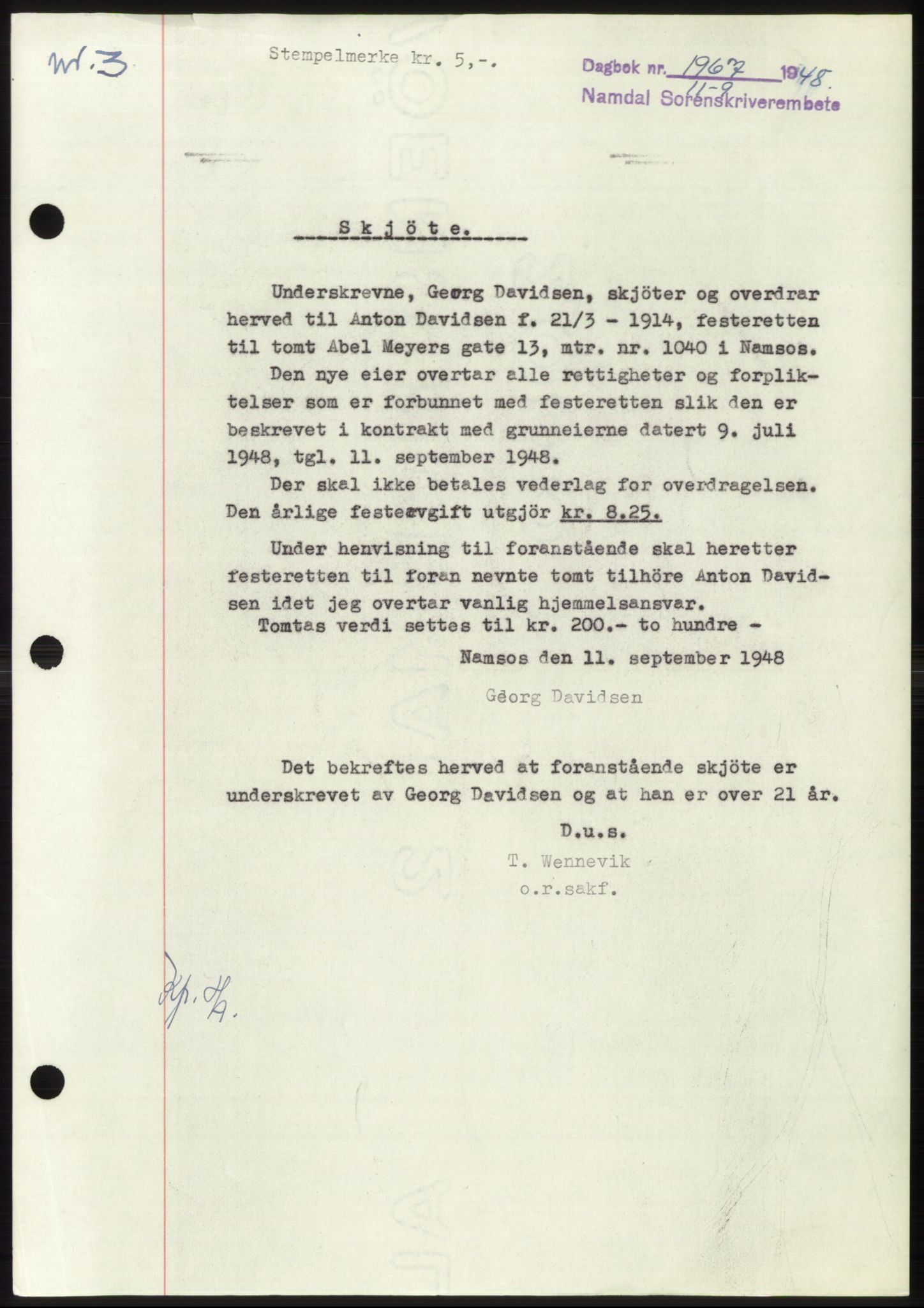 Namdal sorenskriveri, SAT/A-4133/1/2/2C: Pantebok nr. -, 1948-1948, Dagboknr: 1967/1948
