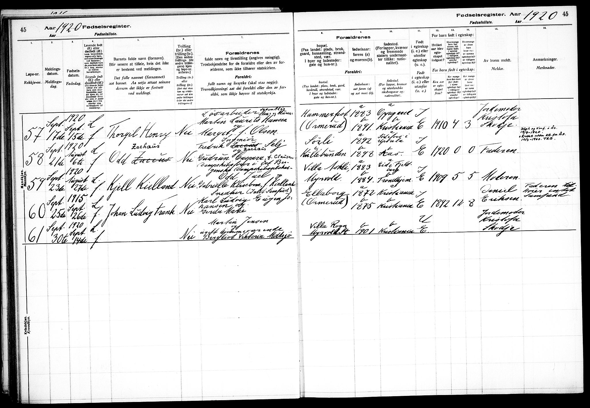 Nesodden prestekontor Kirkebøker, AV/SAO-A-10013/J/Jb/L0001: Fødselsregister nr. II 1, 1916-1933, s. 45