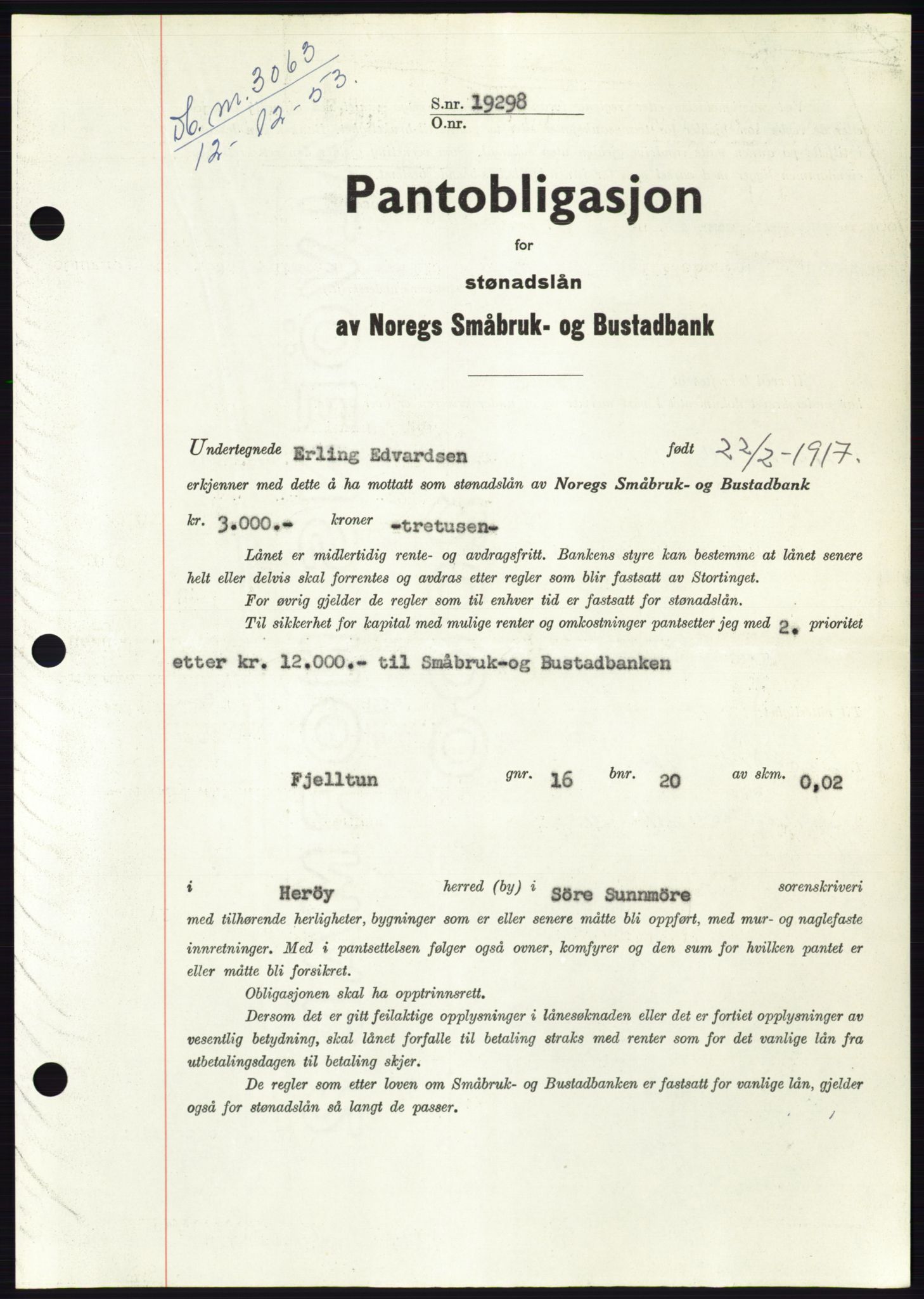 Søre Sunnmøre sorenskriveri, SAT/A-4122/1/2/2C/L0124: Pantebok nr. 12B, 1953-1954, Dagboknr: 3063/1953