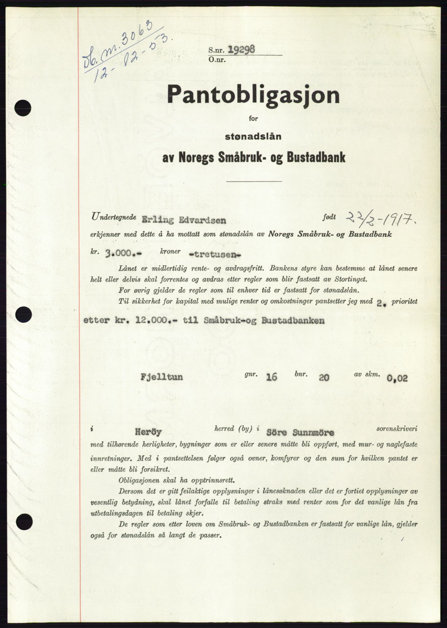 Søre Sunnmøre sorenskriveri, AV/SAT-A-4122/1/2/2C/L0124: Pantebok nr. 12B, 1953-1954, Dagboknr: 3063/1953