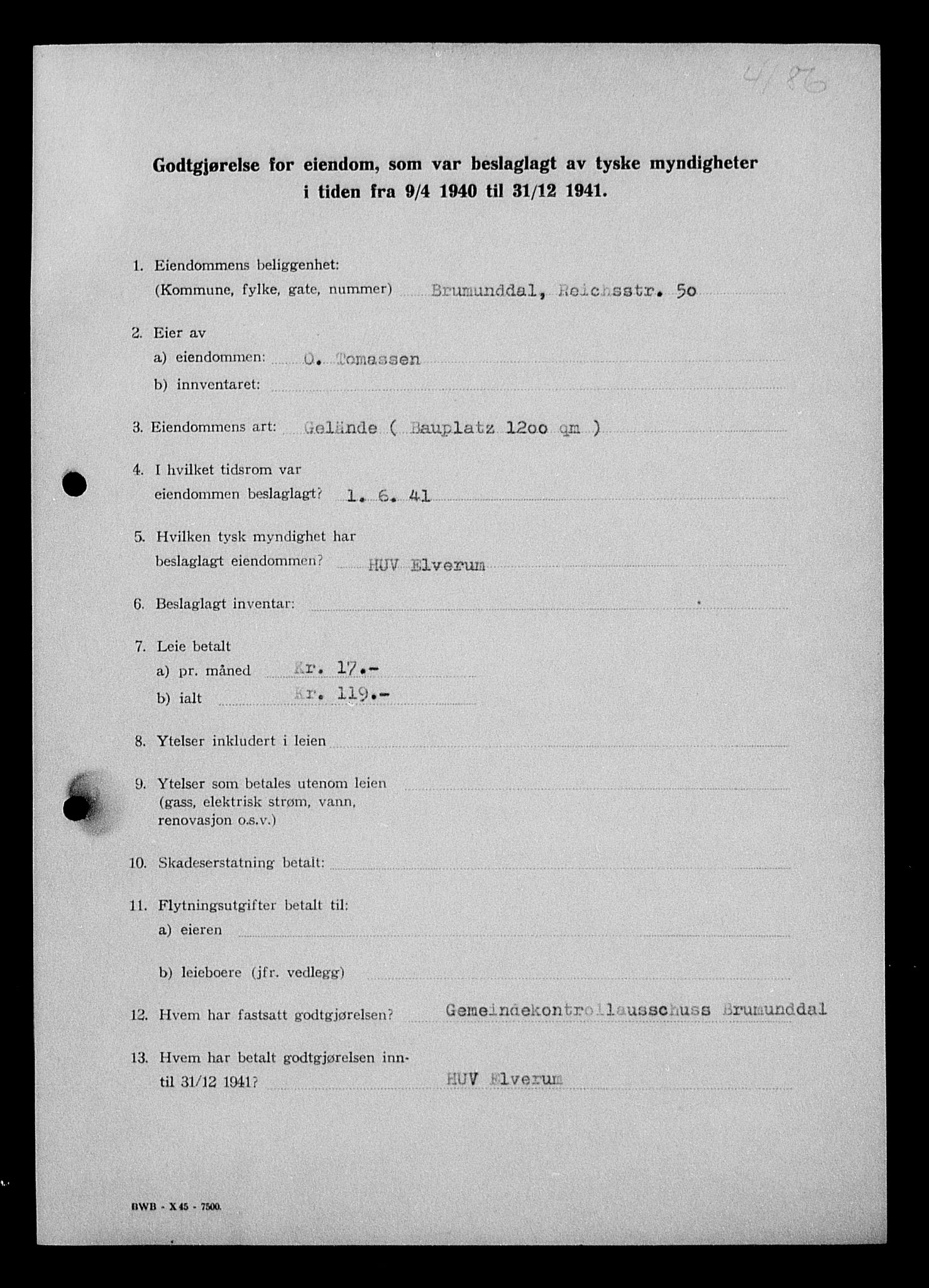 Justisdepartementet, Tilbakeføringskontoret for inndratte formuer, AV/RA-S-1564/I/L1012: Godtgjørelse for beslaglagt eiendom, 1940-1941, s. 41