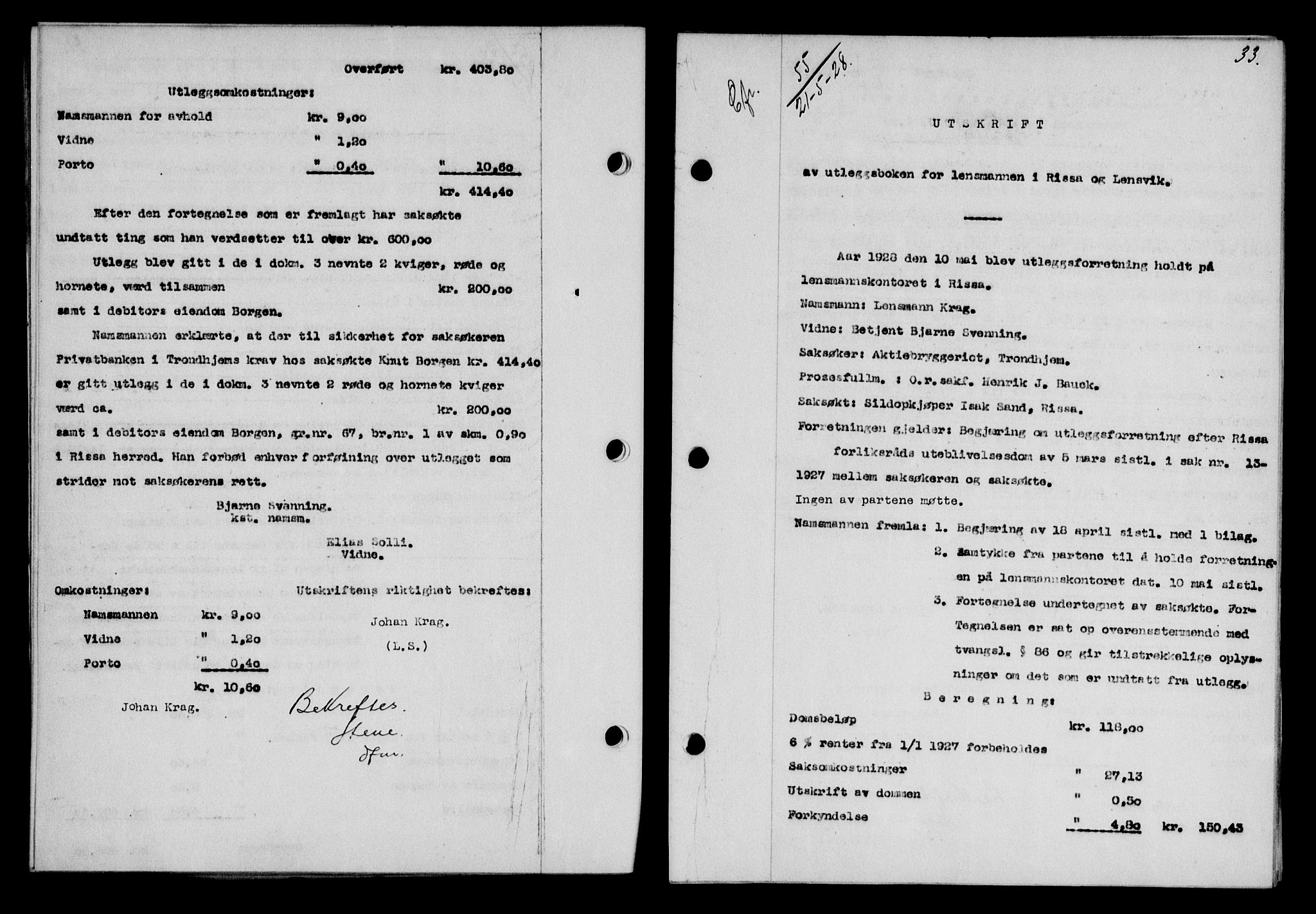 Fosen sorenskriveri, AV/SAT-A-1107/1/2/2C/L0067: Pantebok nr. 58, 1928-1929, s. 33, Tingl.dato: 21.05.1928