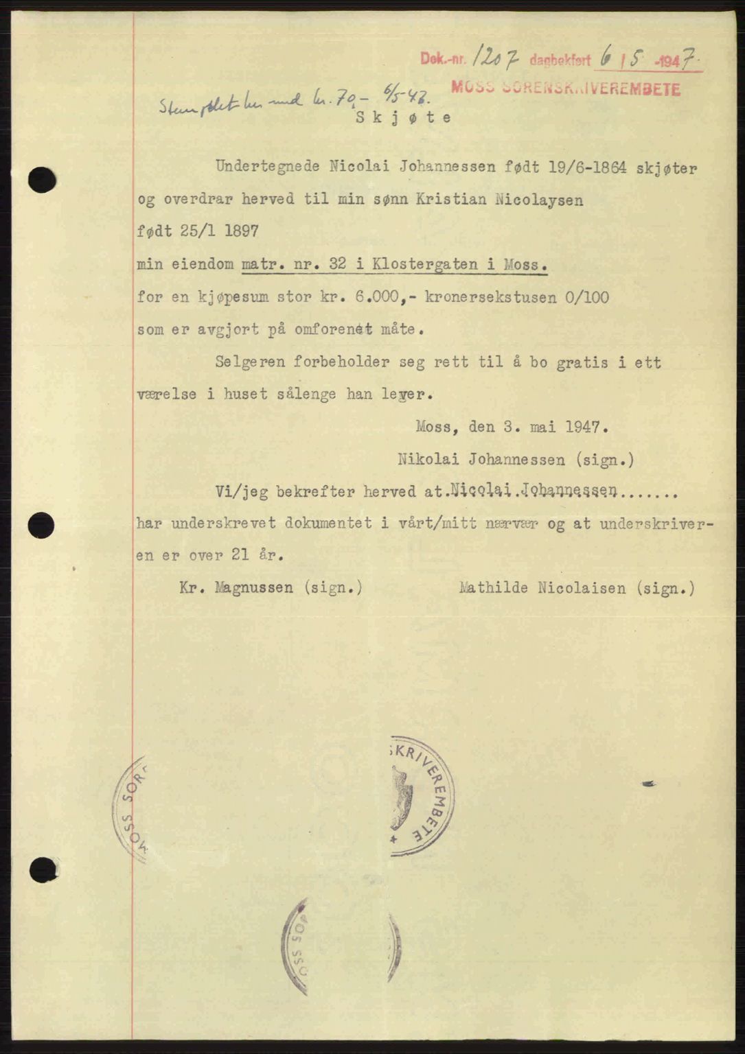 Moss sorenskriveri, SAO/A-10168: Pantebok nr. A17, 1947-1947, Dagboknr: 1207/1947