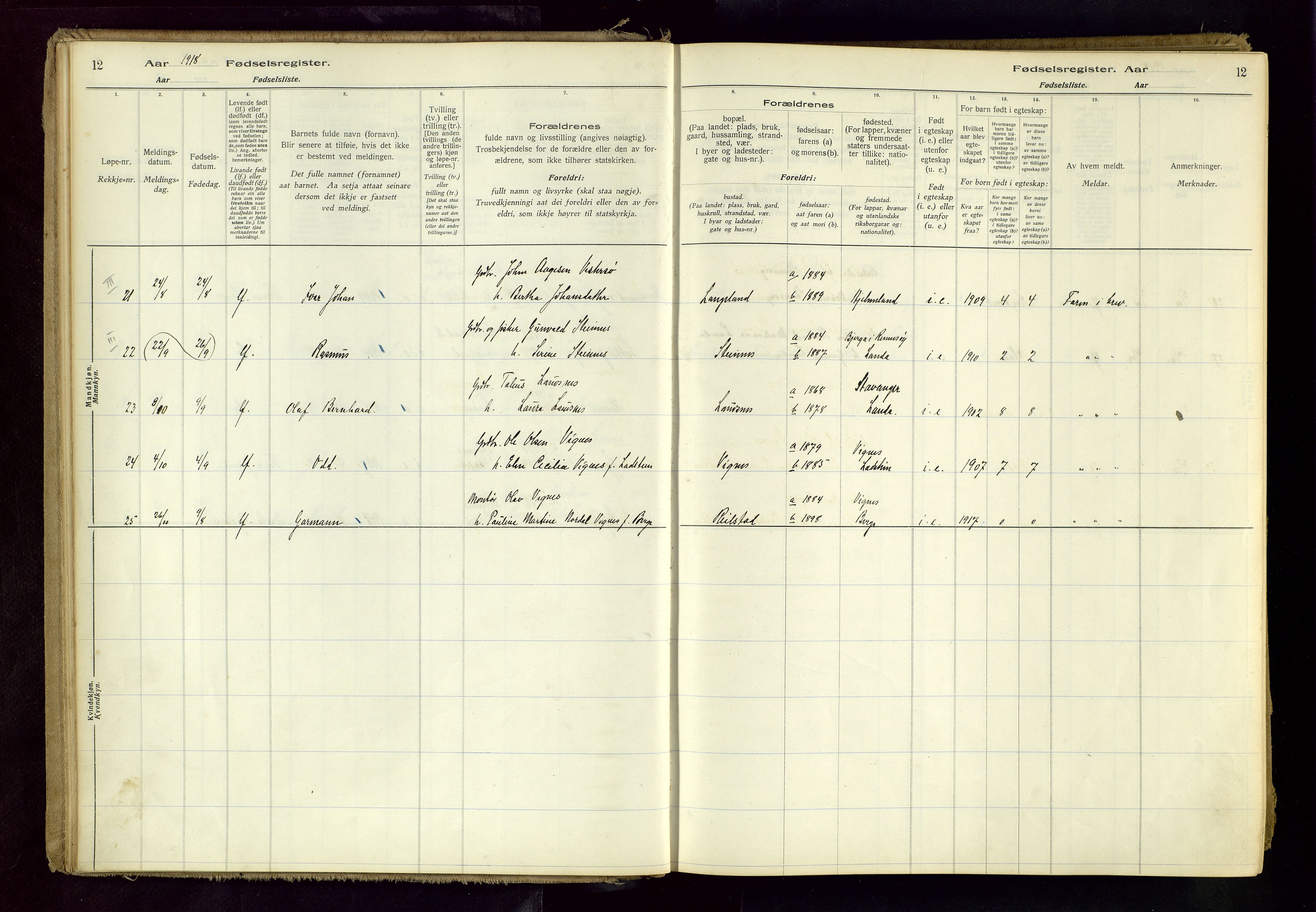 Finnøy sokneprestkontor, AV/SAST-A-101825/I/Id/L0001: Fødselsregister nr. 1, 1916-1977, s. 12