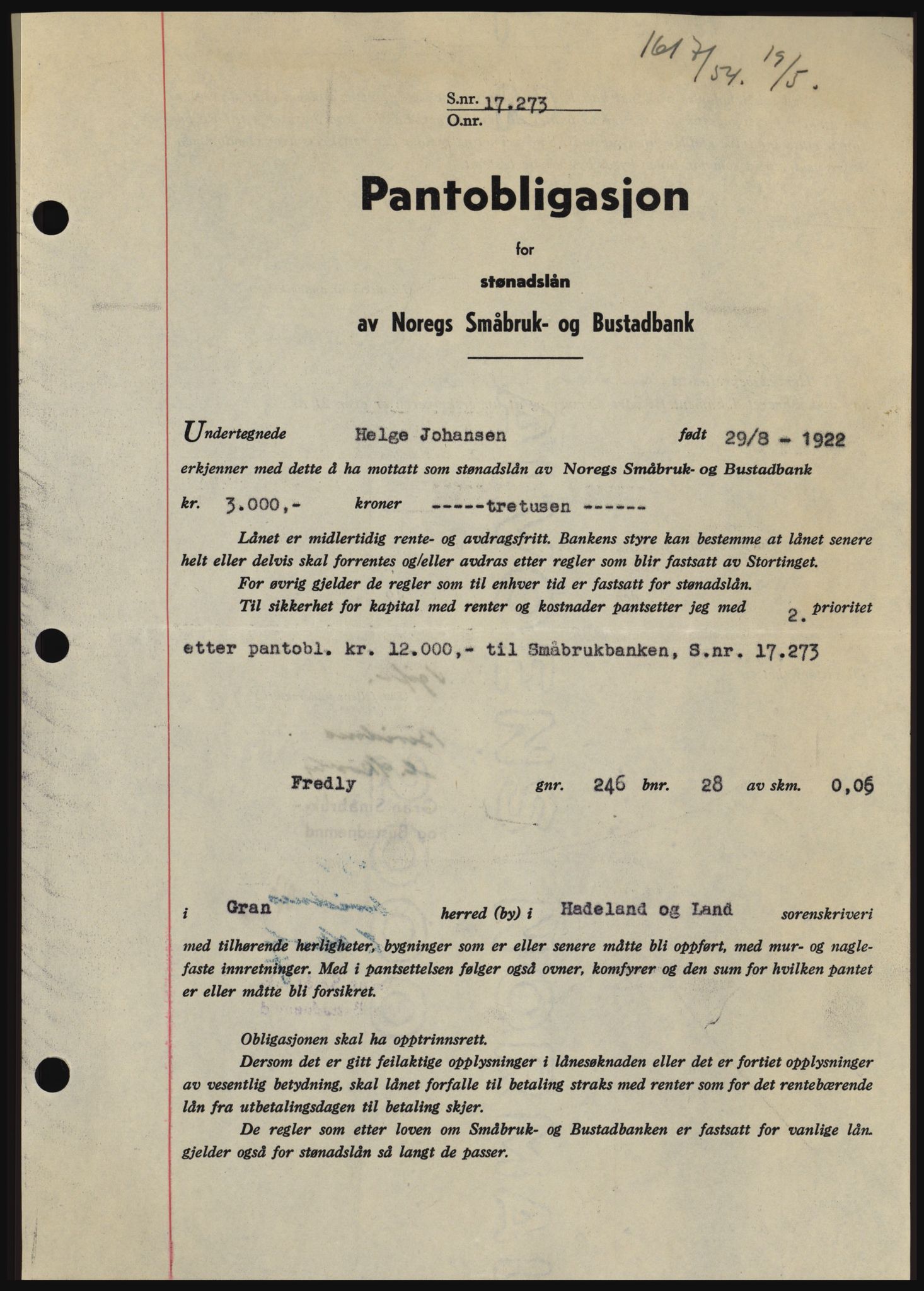 Hadeland og Land tingrett, SAH/TING-010/H/Hb/Hbc/L0029: Pantebok nr. B29, 1954-1954, Dagboknr: 1617/1954