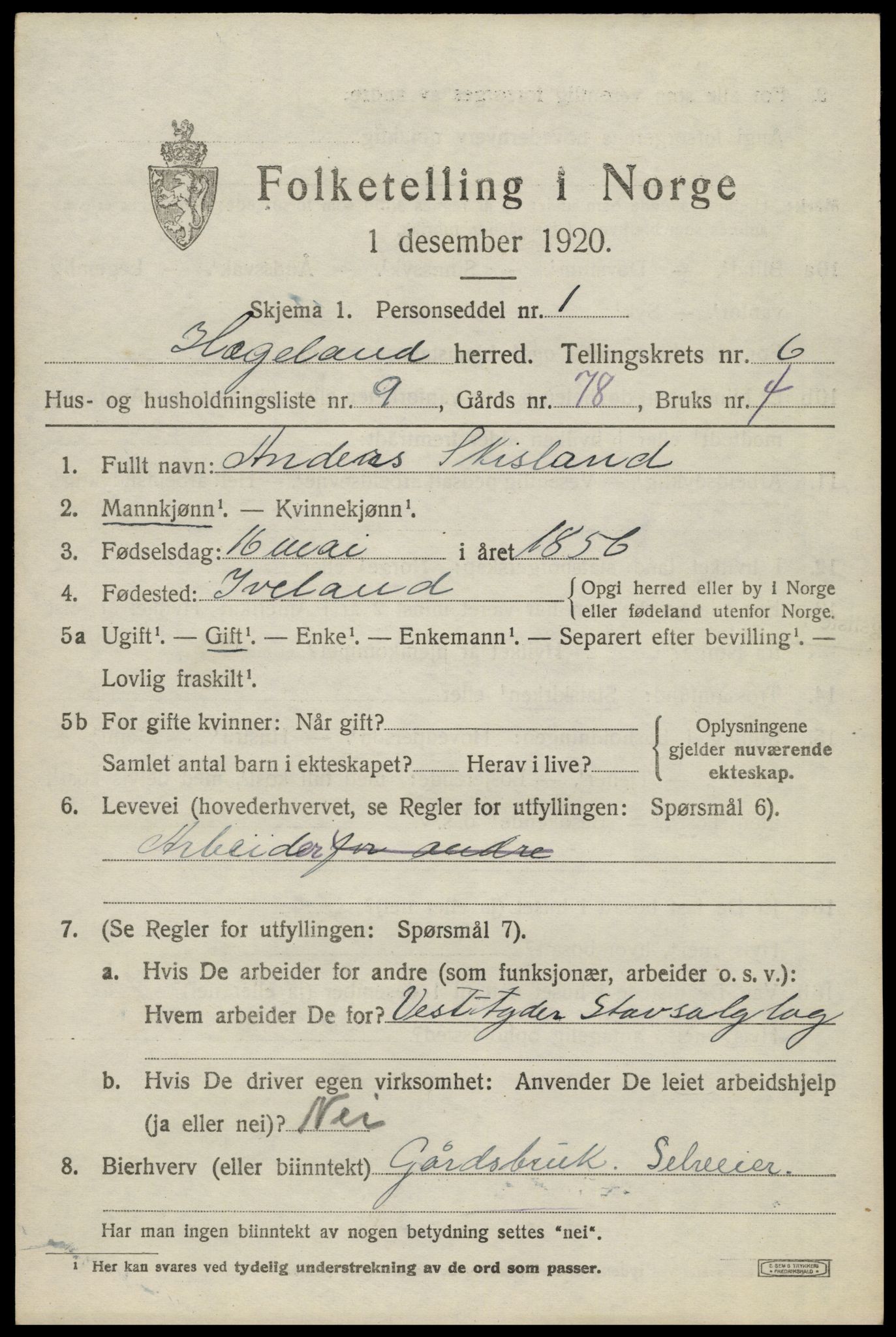 SAK, Folketelling 1920 for 1015 Hægeland herred, 1920, s. 2417