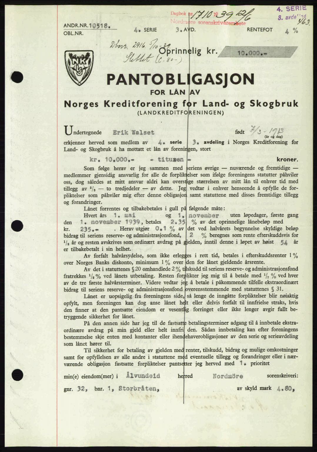 Nordmøre sorenskriveri, SAT/A-4132/1/2/2Ca: Pantebok nr. B85, 1939-1939, Dagboknr: 1710/1939