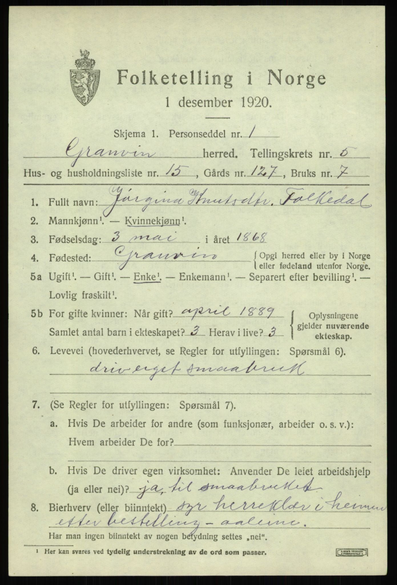 SAB, Folketelling 1920 for 1234 Granvin herred, 1920, s. 2526