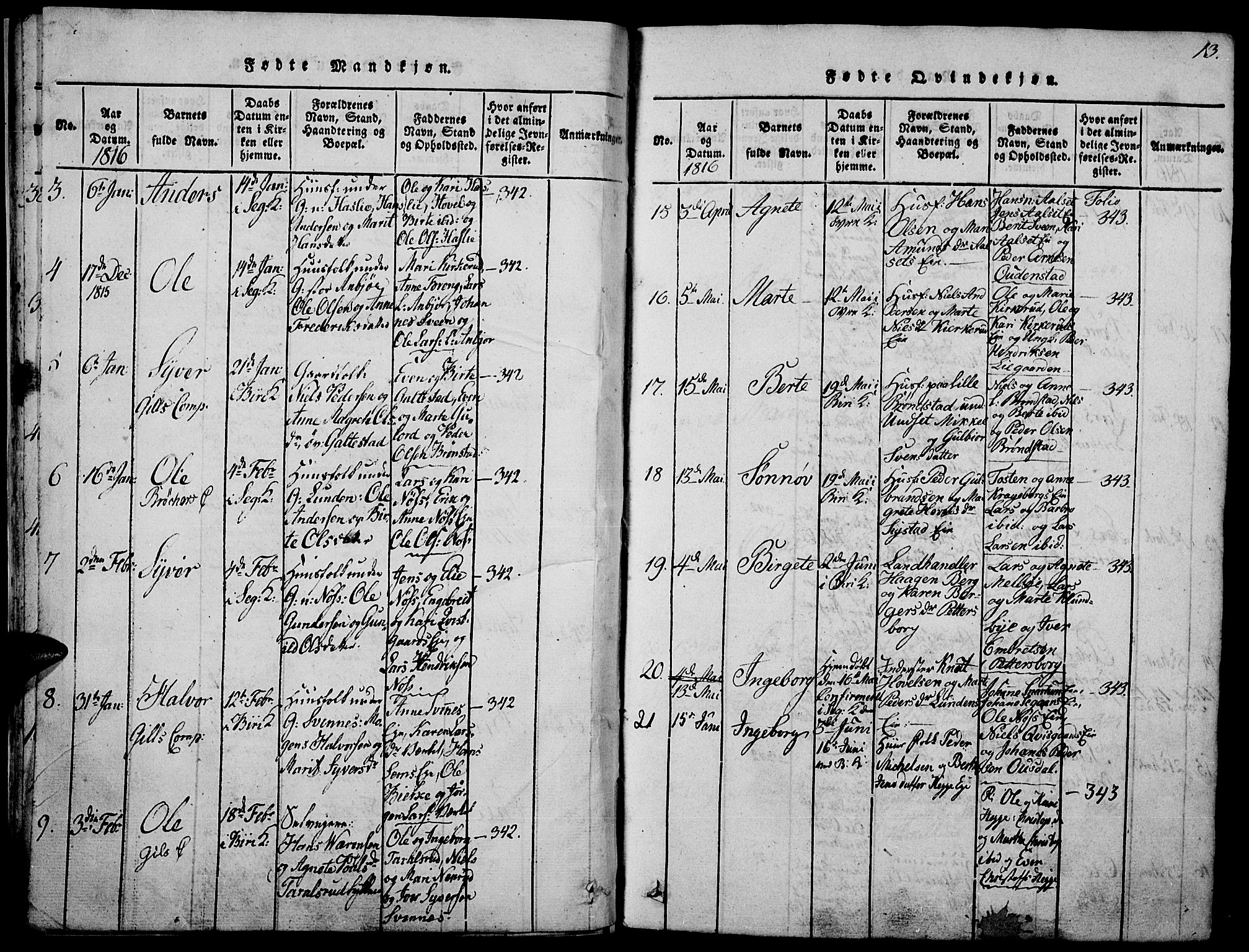 Biri prestekontor, AV/SAH-PREST-096/H/Ha/Haa/L0003: Ministerialbok nr. 3, 1814-1828, s. 13