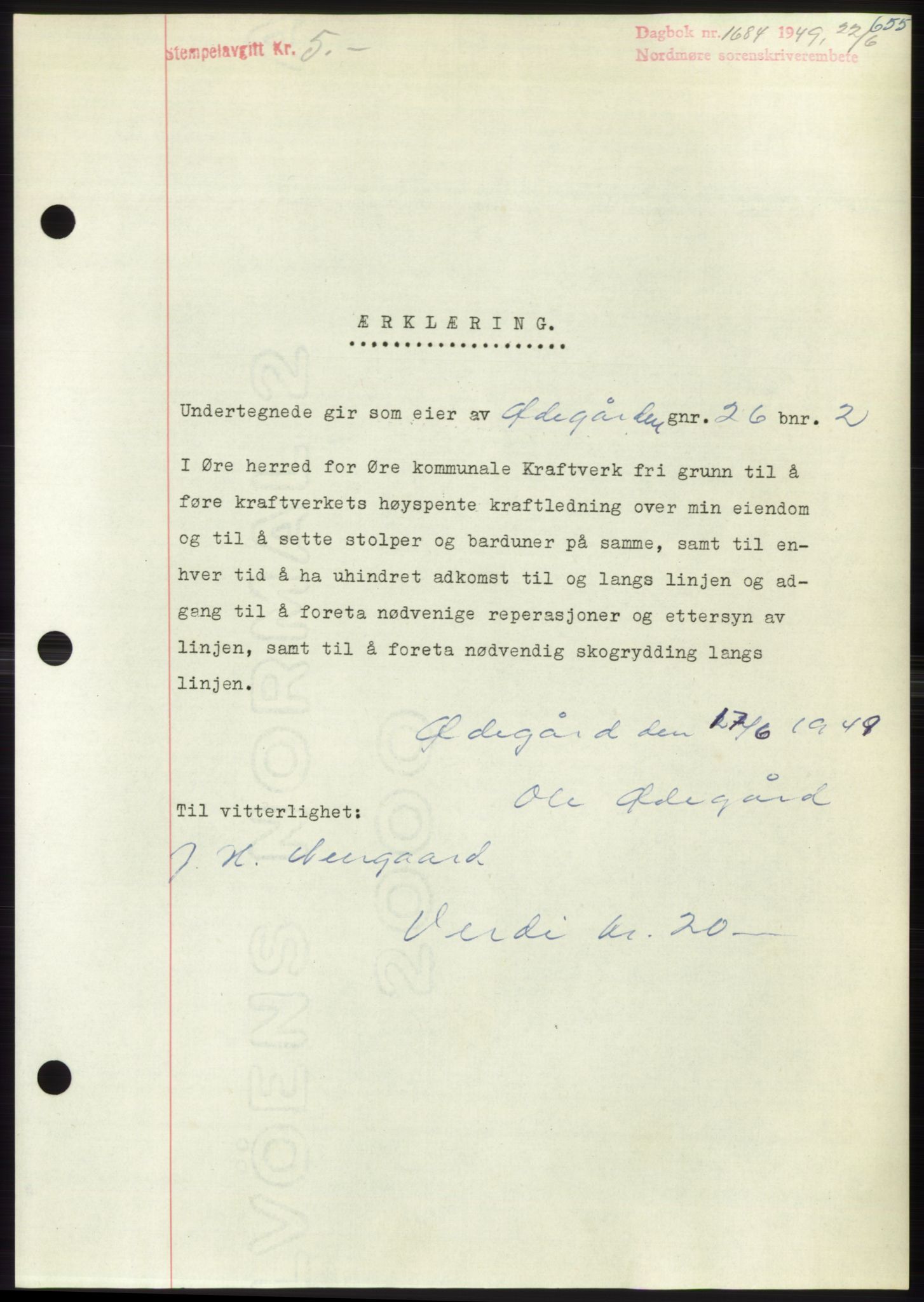 Nordmøre sorenskriveri, SAT/A-4132/1/2/2Ca: Pantebok nr. B101, 1949-1949, Dagboknr: 1684/1949