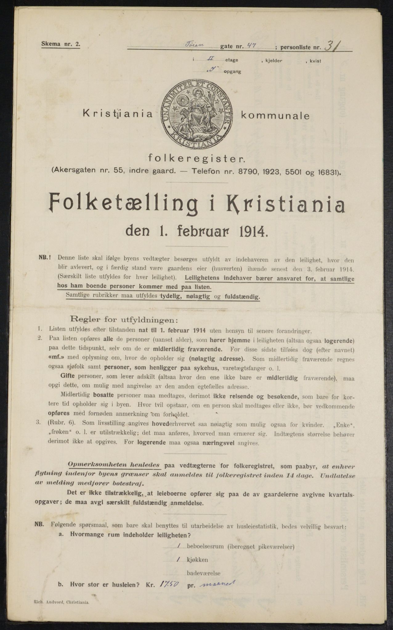 OBA, Kommunal folketelling 1.2.1914 for Kristiania, 1914, s. 119602