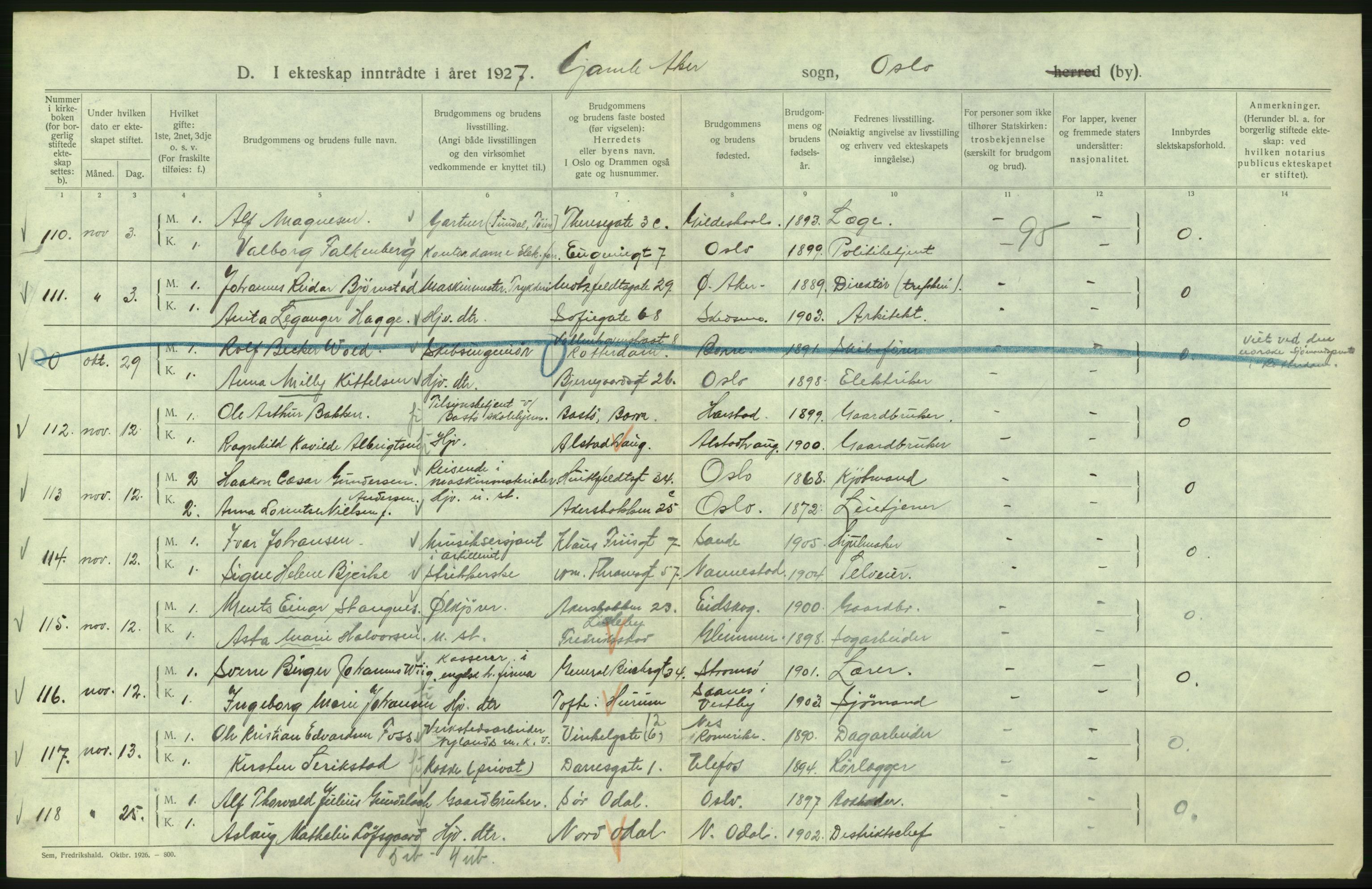 Statistisk sentralbyrå, Sosiodemografiske emner, Befolkning, AV/RA-S-2228/D/Df/Dfc/Dfcg/L0008: Oslo: Gifte, 1927, s. 304