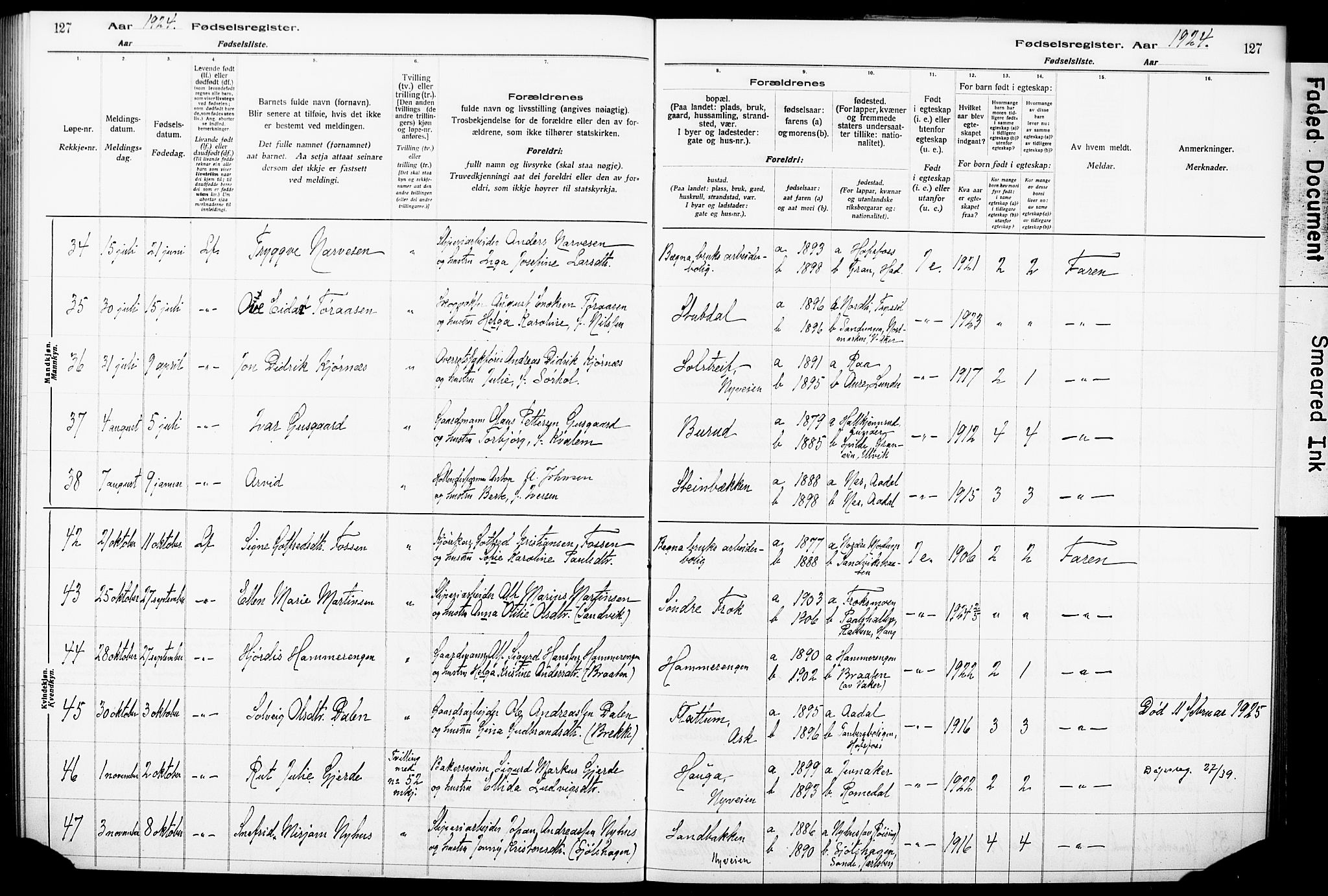 Norderhov kirkebøker, AV/SAKO-A-237/J/Ja/L0001: Fødselsregister nr. 1, 1916-1930, s. 127
