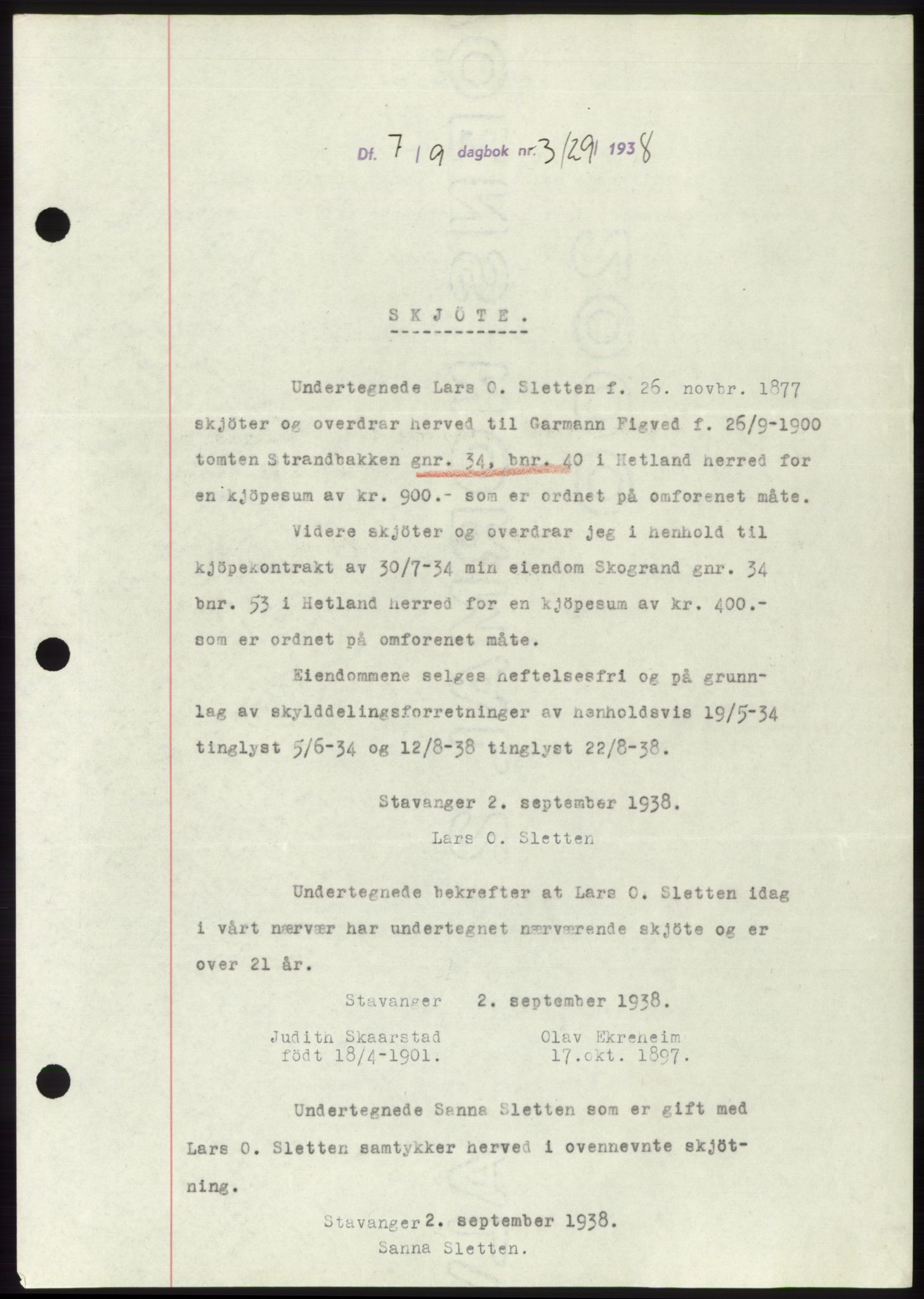Jæren sorenskriveri, SAST/A-100310/03/G/Gba/L0072: Pantebok, 1938-1938, Dagboknr: 3129/1938