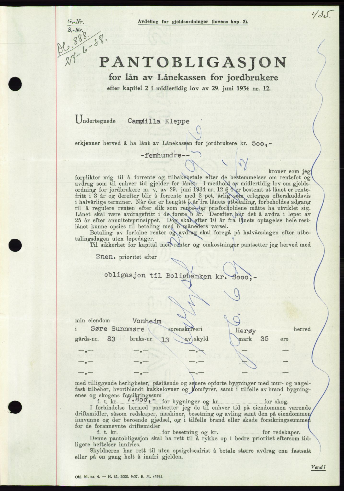 Søre Sunnmøre sorenskriveri, AV/SAT-A-4122/1/2/2C/L0065: Pantebok nr. 59, 1938-1938, Dagboknr: 888/1938