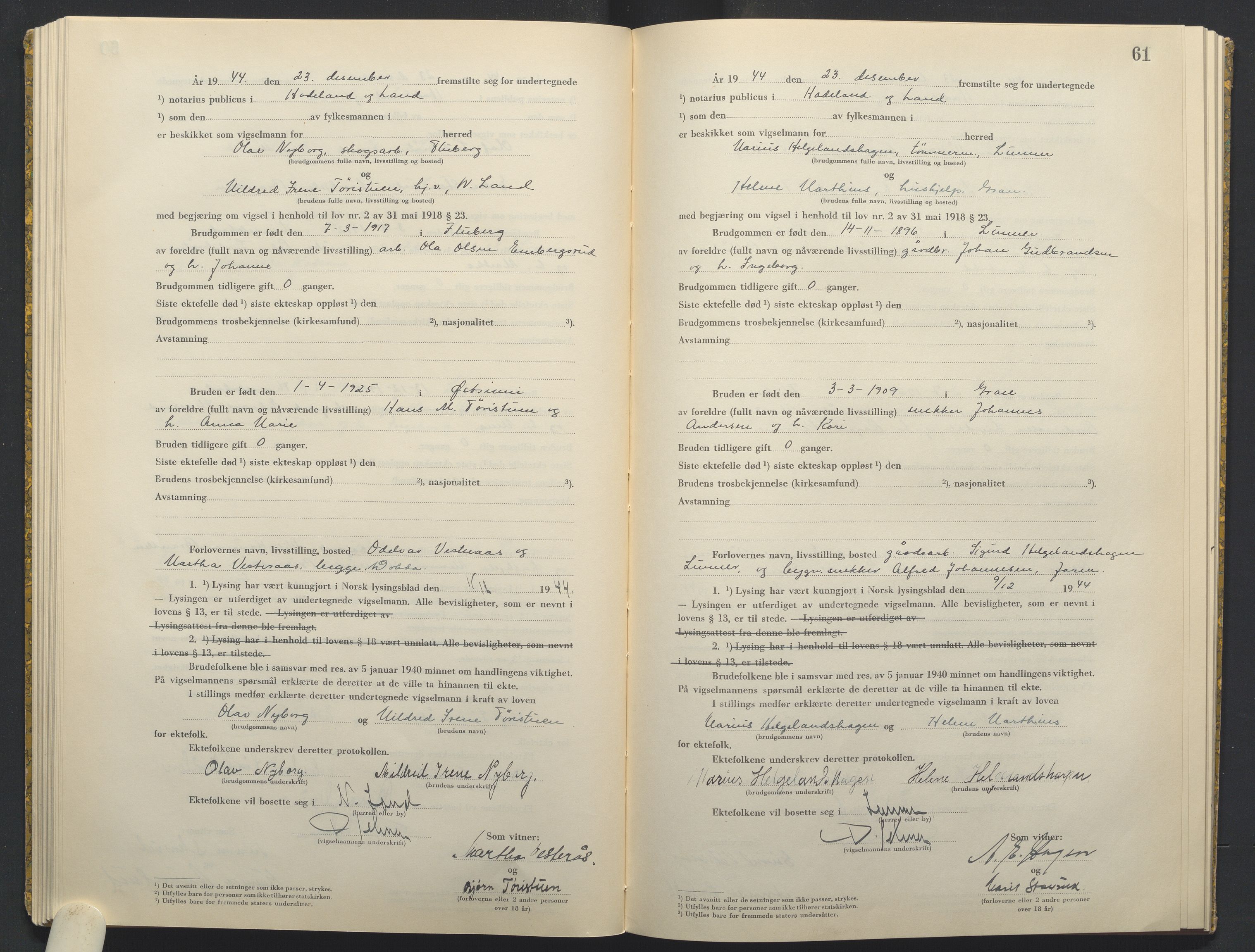 Hadeland og Land tingrett, AV/SAH-TING-010/L/Lb/L0003: Vigselbok, 1944-1946, s. 61